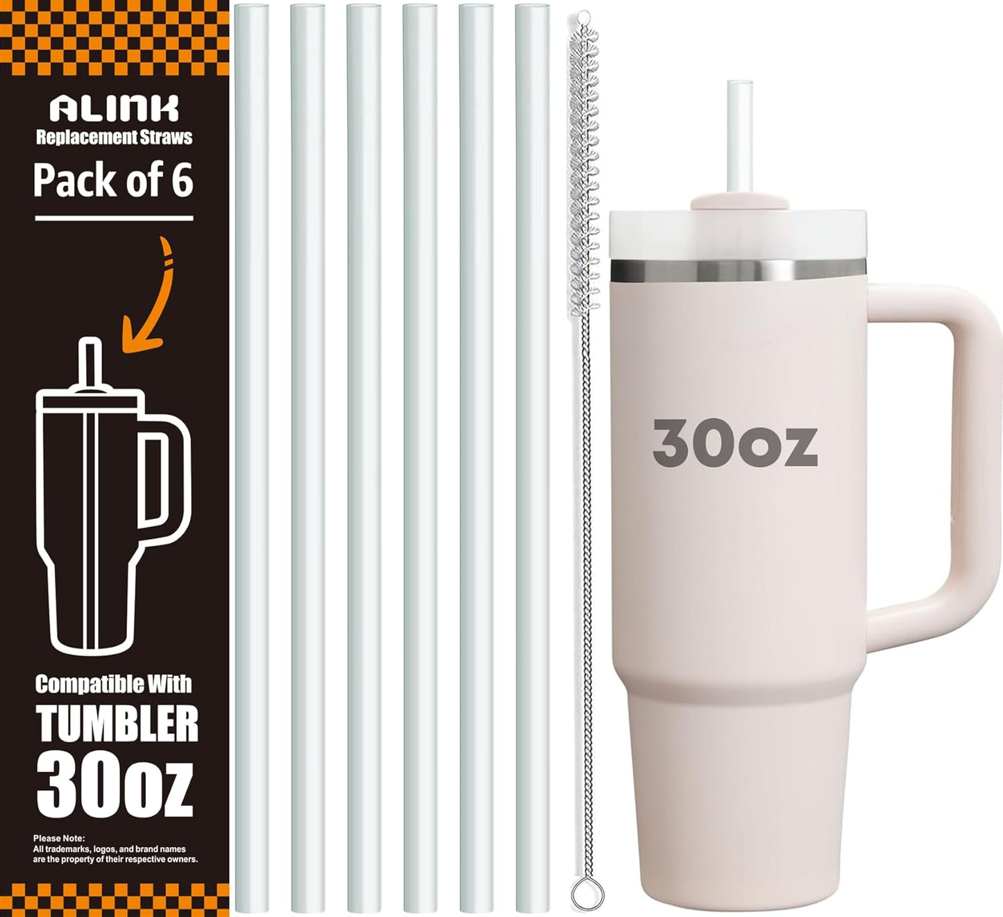 ALINK Clear Replacement Straws for Stanley 30 oz Tumbler, DISHWASHER SAFE, 6 Pack Reusable Plastic Straws Compatible with 30oz Stanley Adventure Quencher Cups, Plus Brush