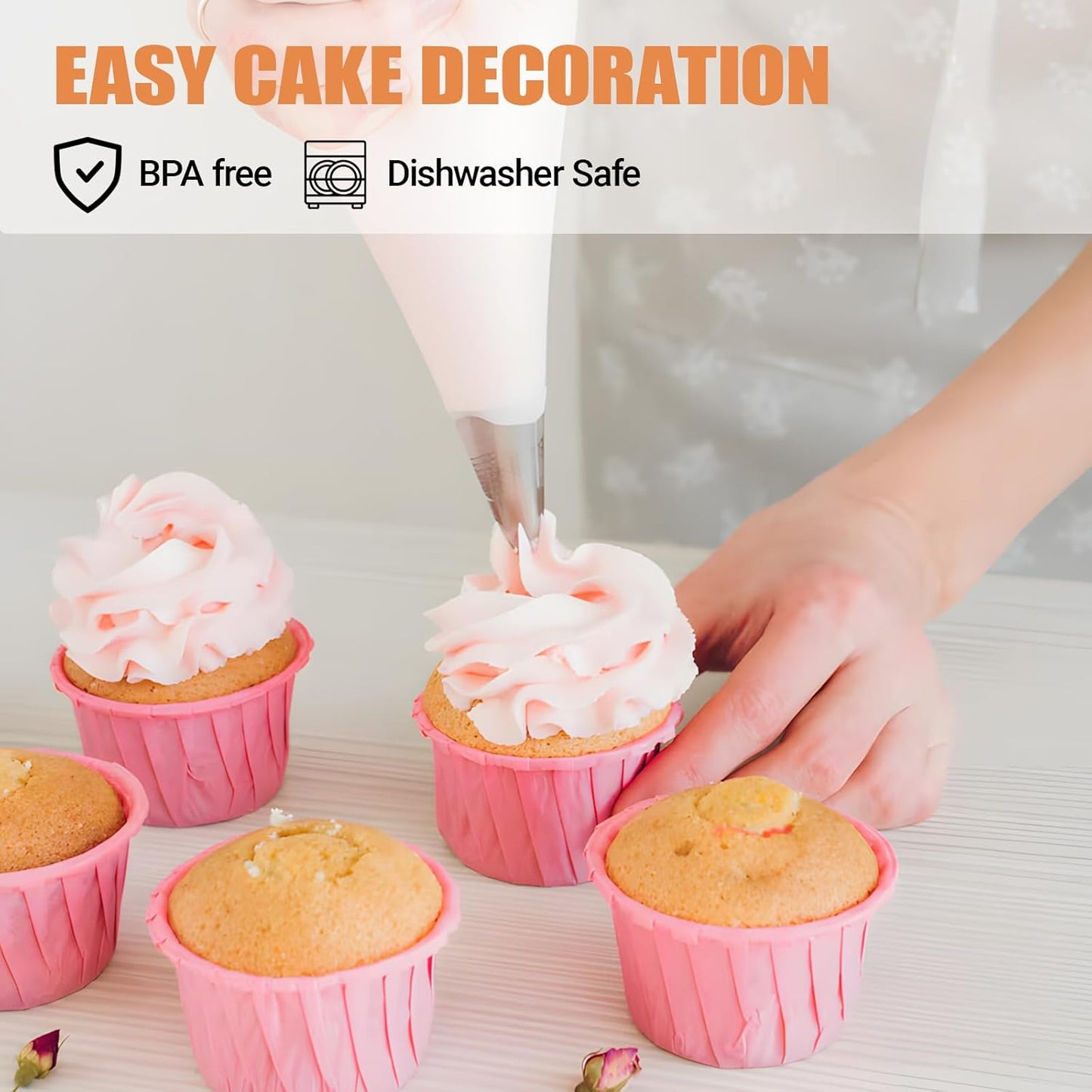 5PCS Piping Tips, Stainless Steel Cake Decorating Tips, Suitable for Pastry Fondant Cupcakes, with 50PCS Piping Bags, 1PCS Cleaning Brush