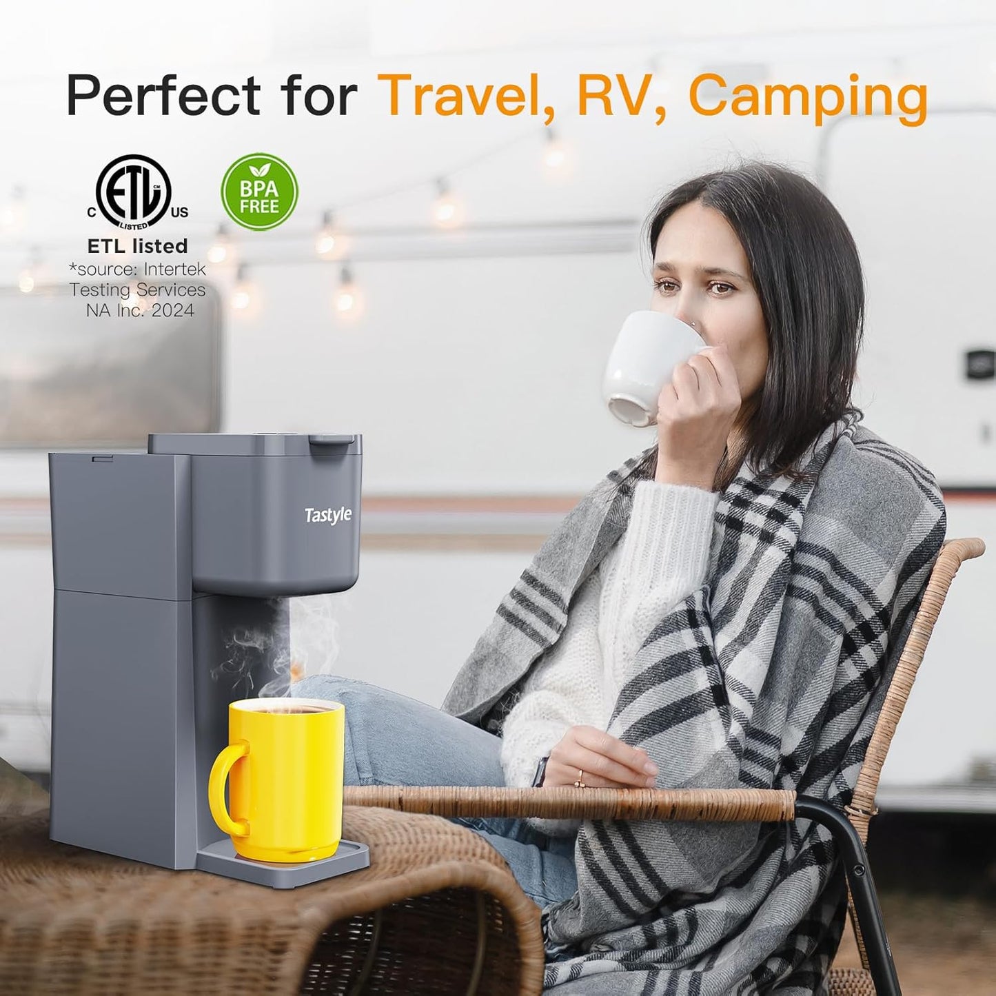 Mini Hot and Iced Coffee Maker Single Serve, for K Cup and Ground, 6 to 14 Oz Brew Sizes, with Recipe Book, for Home, Travel, RV, Office and Dorm, Elegant Gray