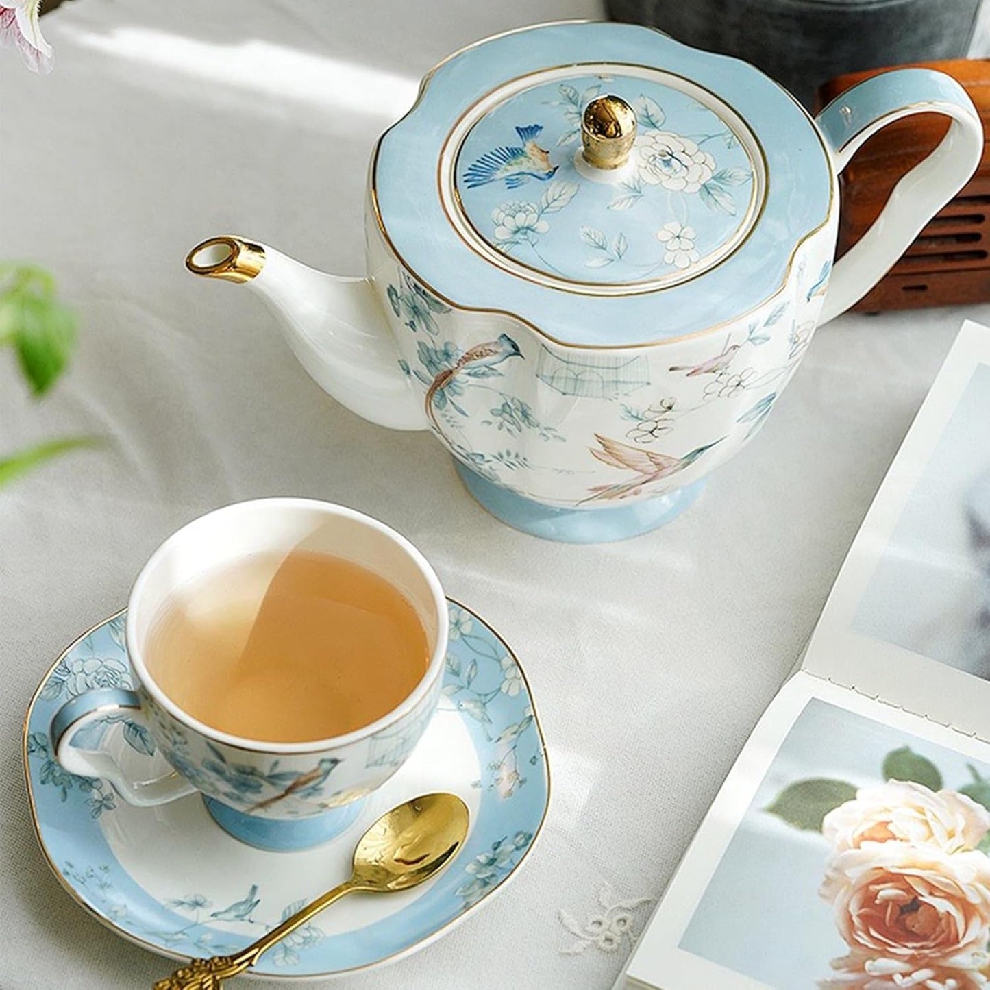 Bone China Tea Set, Porcelain Tea Sets for Adults, Blue and White Bone China Tea Cup Set for 6, Vintage Tea Sets for Women Tea Party