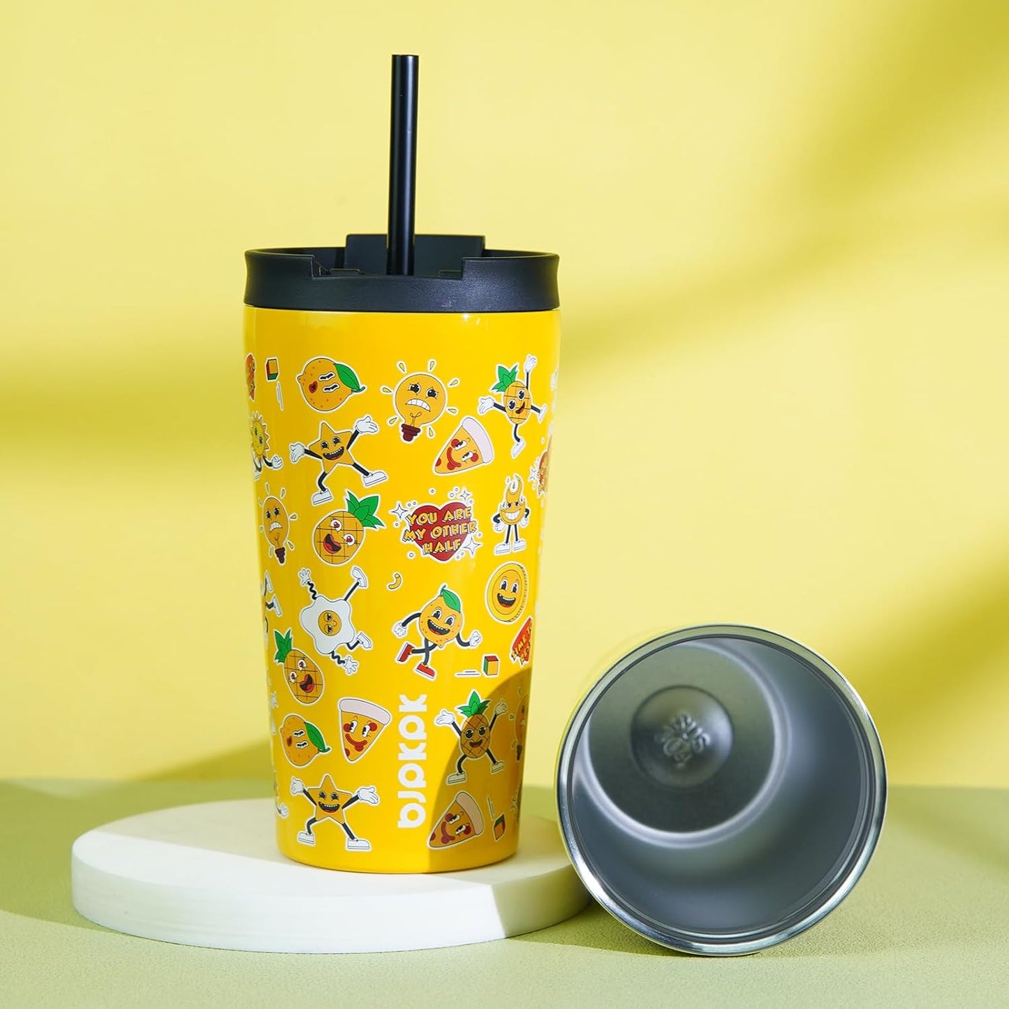 BJPKPK 30oz Insulated Tumbler With lid And Straw Stainless Steel Tumblers Travel Coffee Mug Reusable Thermal Cup,Hawaii Fruits-Yellow (Pack of 2)