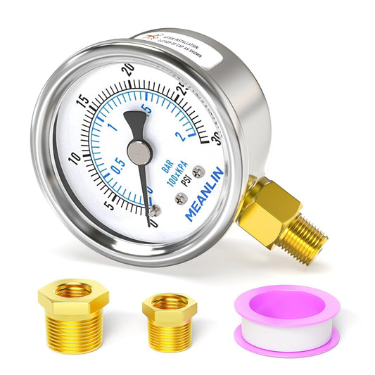 MEANLIN MEASURE 0~30Psi Dry Low Pressure Gauge Stainless Steel 1/8" NPT 2" FACE DIAL Waterproof for Pool Sand Filter Water Oil Air Pressure Test Lower Mount, with 1/4" NPT and 3/8" NPT Hex Bushing