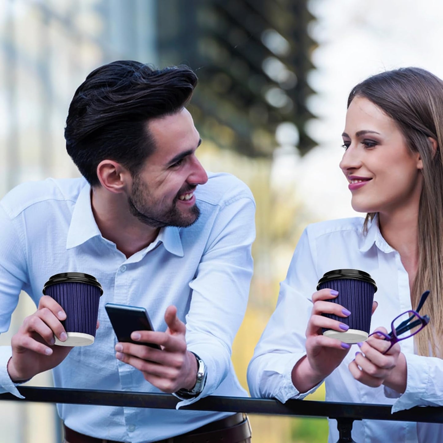 100 4oz Disposable Espresso Cups with Lids Ripple Corrugated Paper Disposable Coffee Cups Cups for Hot Chocolate, Tea, and Cocoa Drinks (Blue)