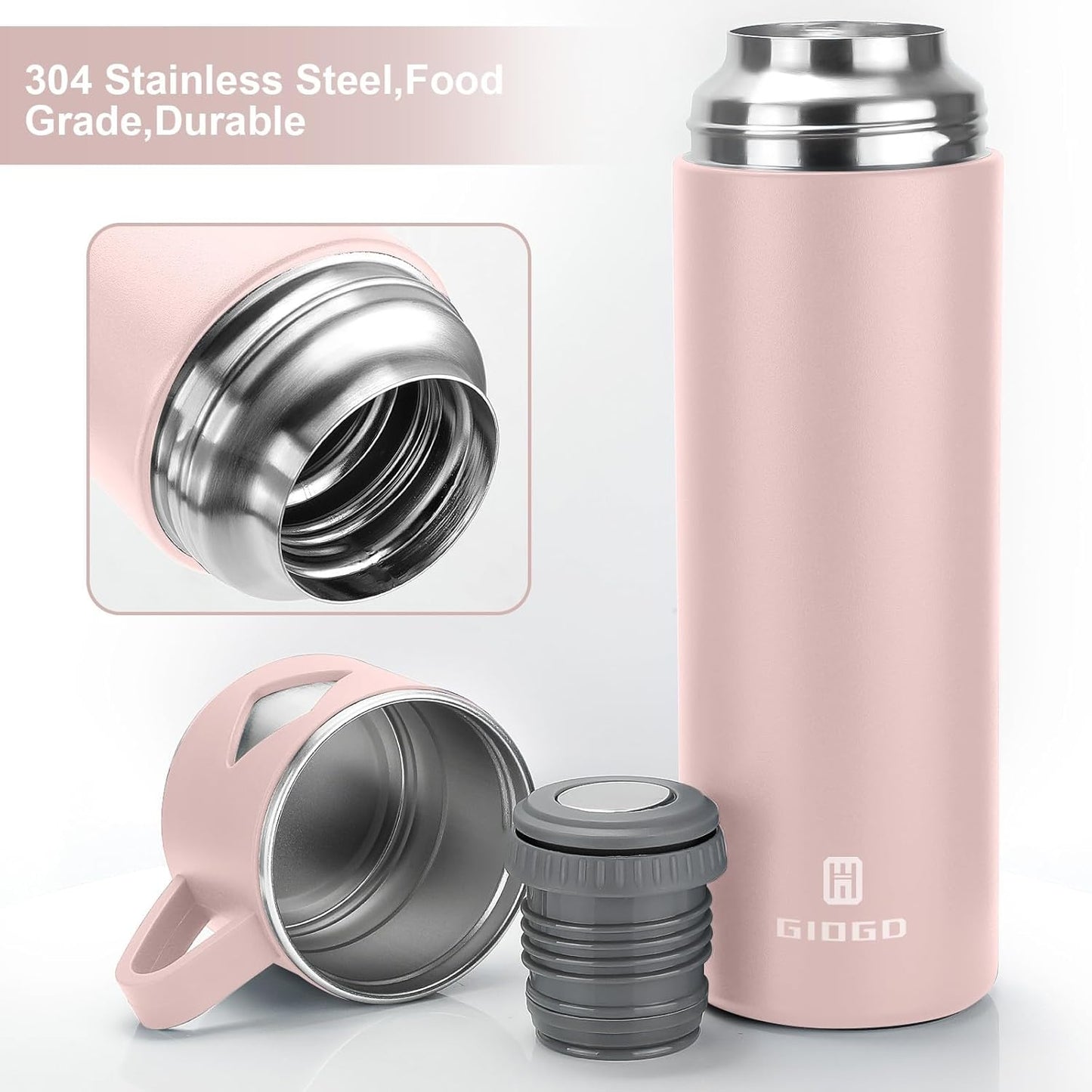 Stainless Steel Thermo 700ml/23.7oz Vacuum Insulated Bottle with Cup for Coffee Hot drink and Cold drink water flask.(Pink,Single)