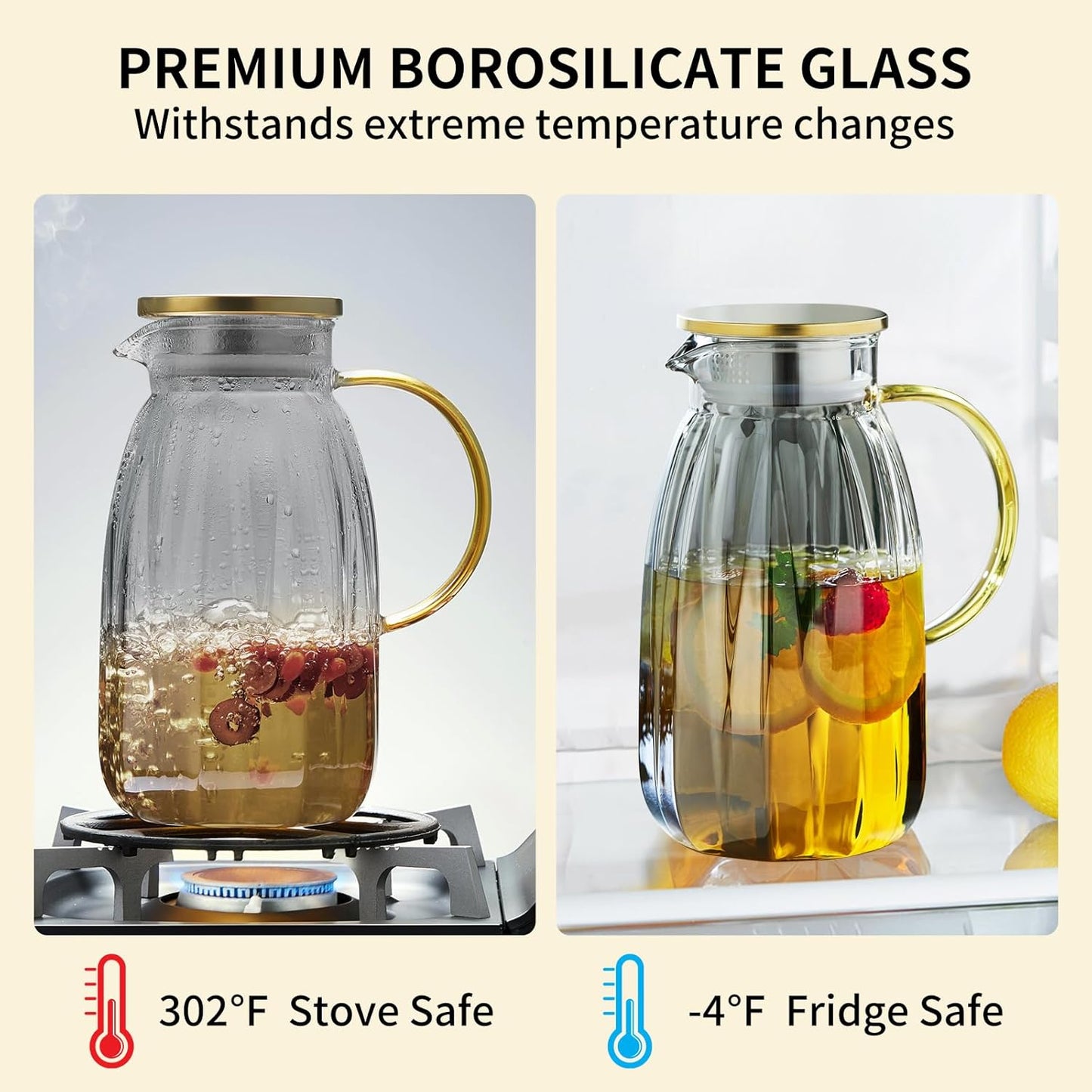 68OZ Glass Pitcher with Lid and Spout, Water Jug, 2000ml Carafe for Hot/Cold Water, Large Iced Tea Pitcher for Coffee, Juice and Homemade Beverage