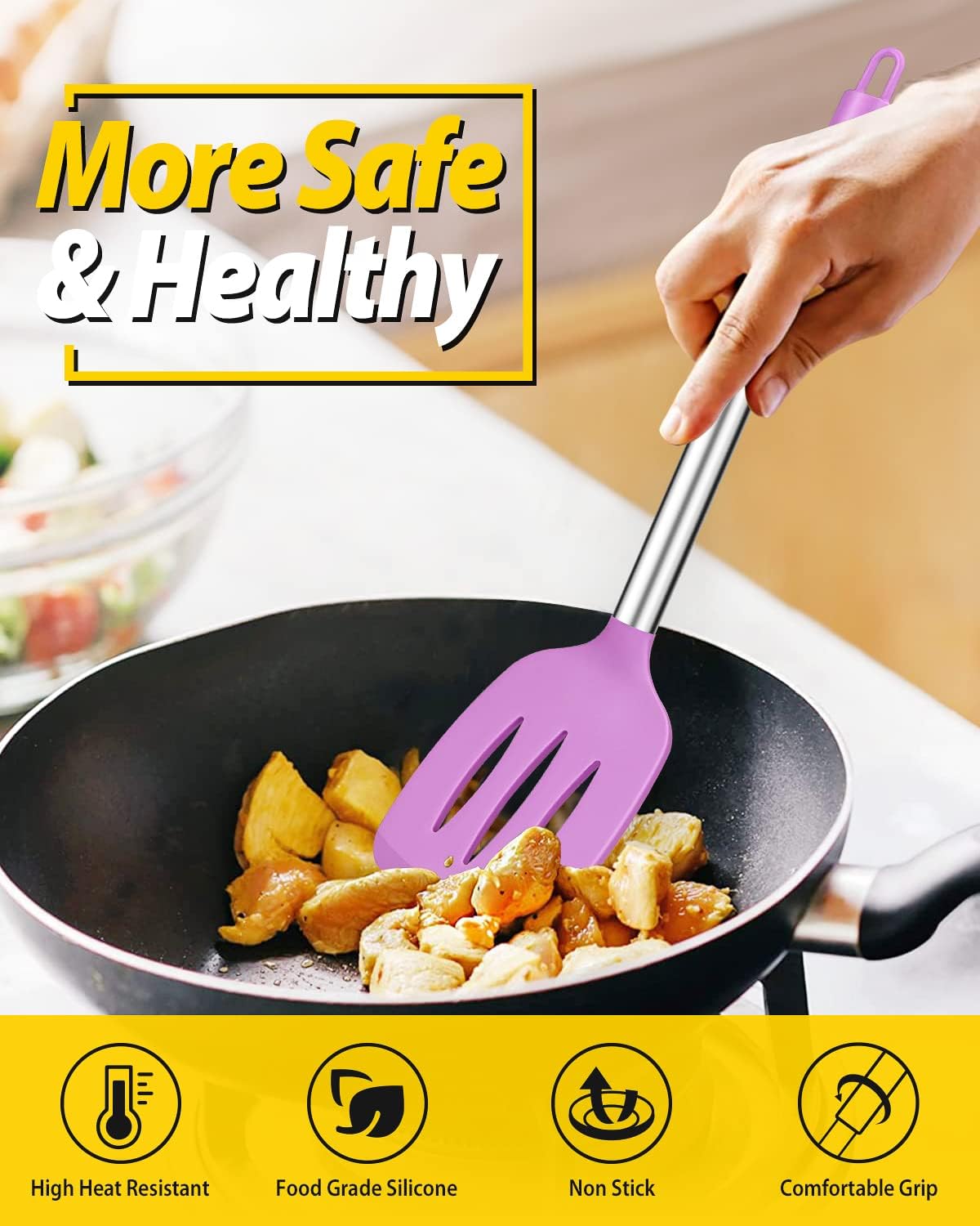 Pack of 4 Silicone Cooking Utensils Set, Non Stick Large Solid Spatulas, Heat Resistant Purple Slotted Spoons, Ideal BPA Free Kitchen Turners for Frying, Mixing,Serving,Draining,Turning,Stirring