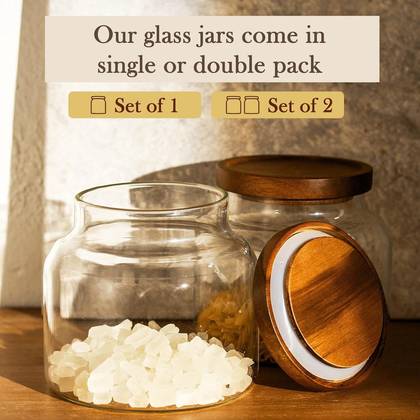 Labina Glass Storage Container Airtight Food Jars Kitchen Canister with Wood Lids, 47 Oz Wide Mouth Pantry Organization Glass Jar for Flour, Sugar, Cookie, Spagetti, Nuts and Candy (2 Pack)