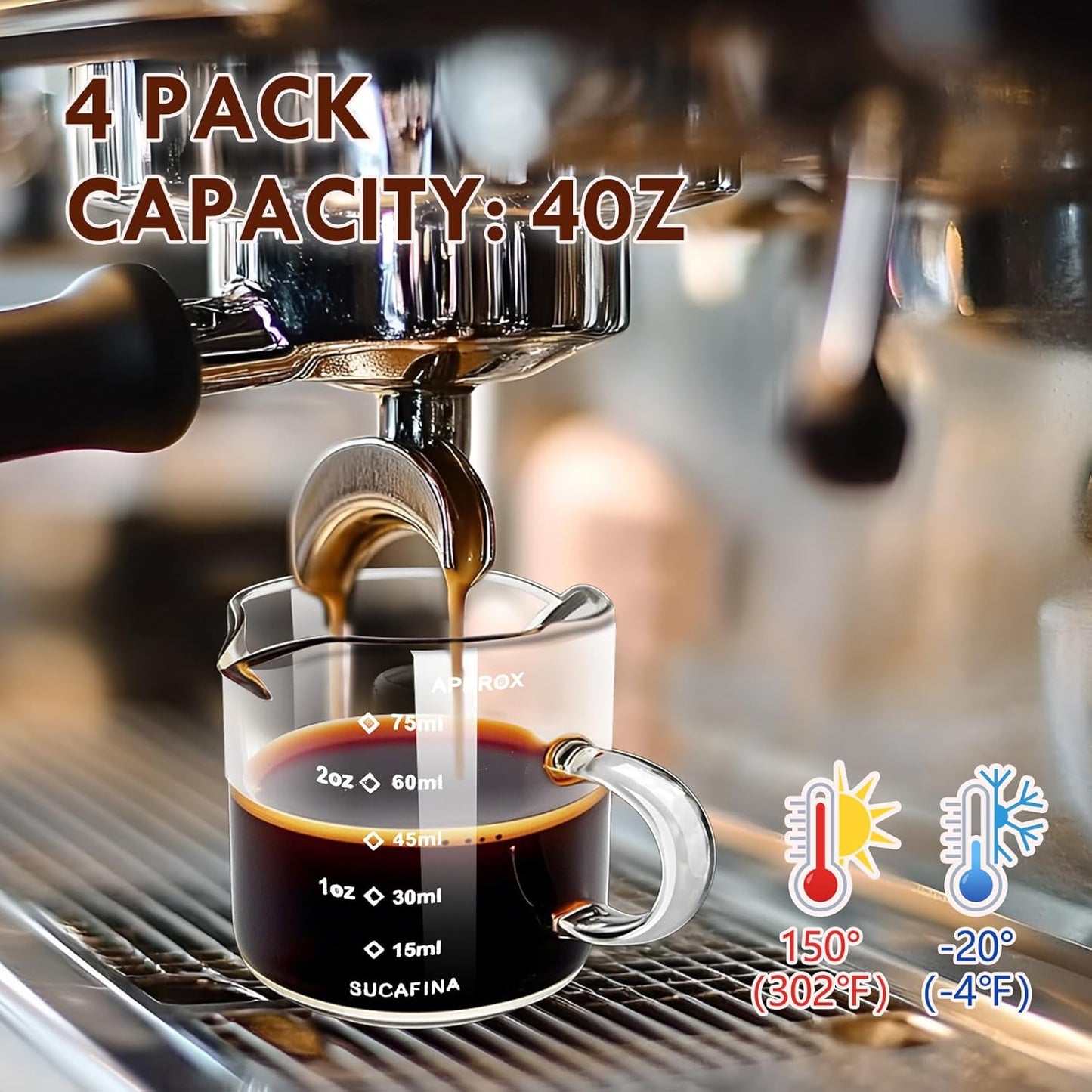 Espresso Cups 4-Piece set, 4 OZ Double Spout Cup with Handle, Espresso Shot Glass with V-Shaped Spout for Espresso Machine, Milk Cup (Espresso Cup Graduated)