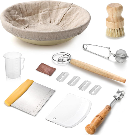 Banneton Bread Proofing Basket Set,11" Round Sourdough Bread Baking Supplies, Sourdough Starter Kit with Bread Lame,Danish Whish, Bowl Scraper,Dough Whisk for Bread Making