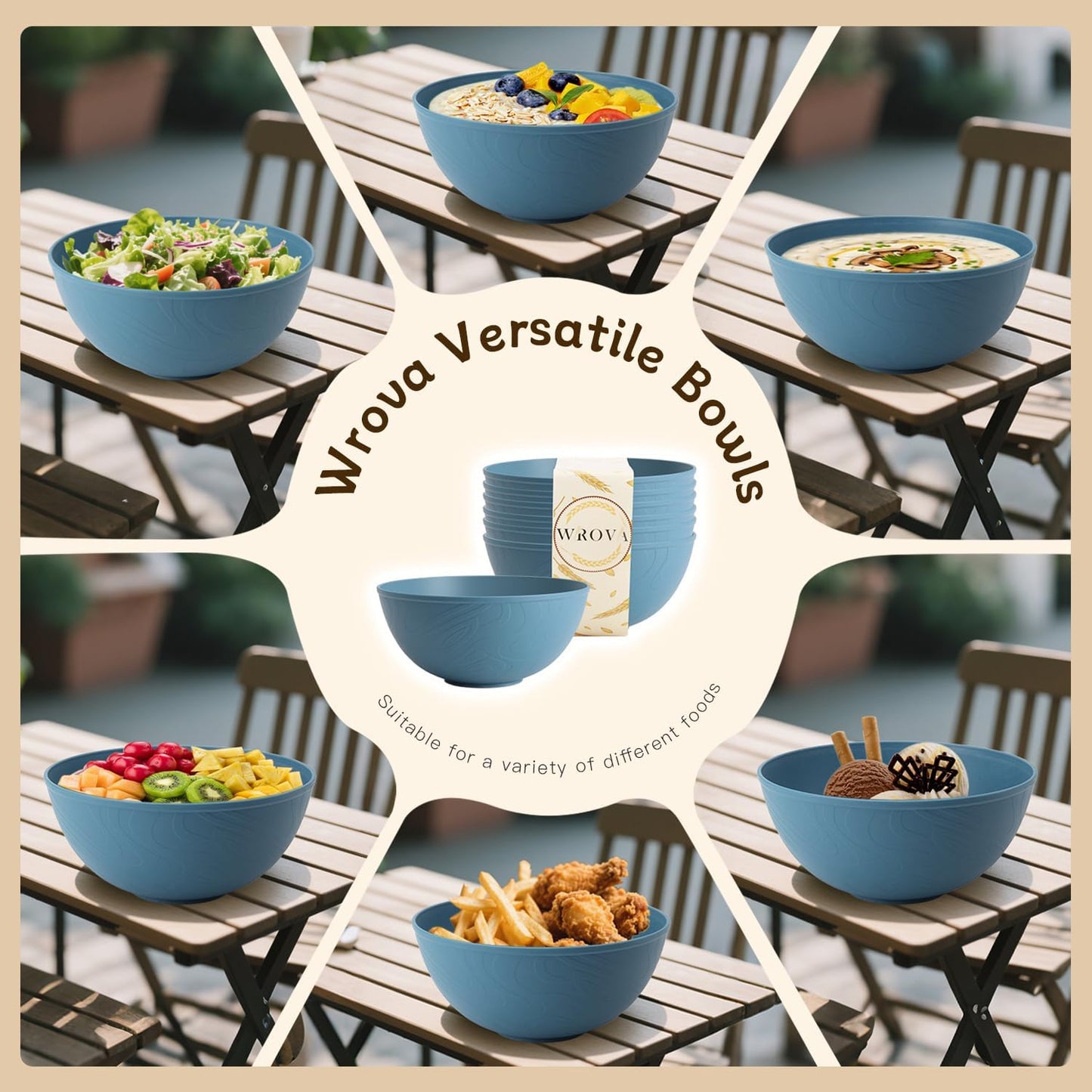 Wheat Straw Salad Bowls for Kitchen set of 6,Anit-Scald Thick Soup Bowls 40oz,Microwave and Dishwasher Safe Bowl set easy to clean. Blue