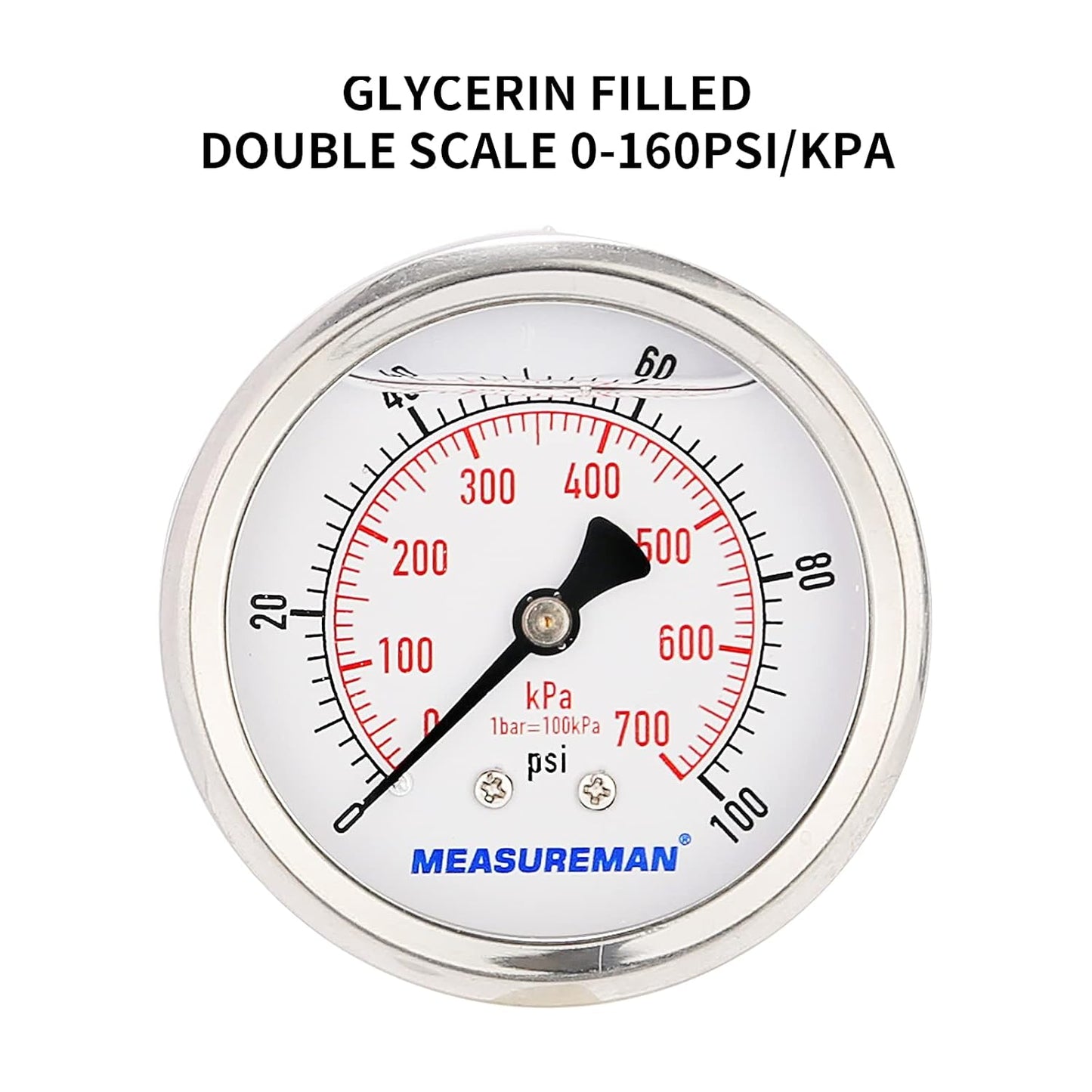 MEASUREMAN 2-1/2inch Dial Size, Glycerin Filled Pressure Gauge, 0-100psi/kpa, 304 Stainless Steel Case, 1/4 Inch NPT Center Back Mount