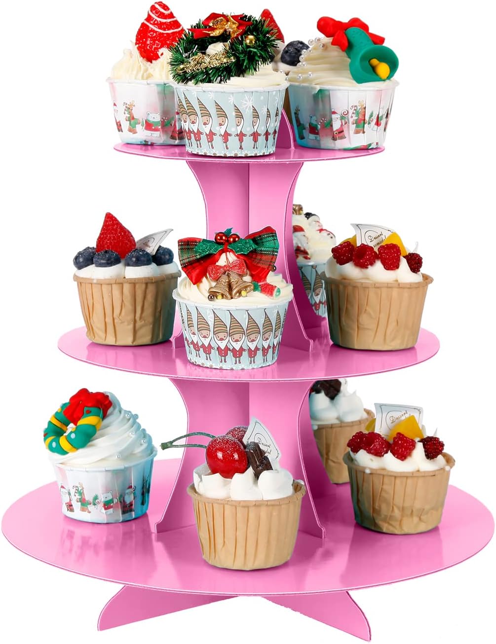 2Pcs 3-Tier Cupcake Stand, Cake Stand holder, Tiered DIY Cupcake Stand Tower for Dessert Table Displays, Birthday Theme Party Favors Decoration, Floral Tea Party, 12" W x 12.8" H, Pink