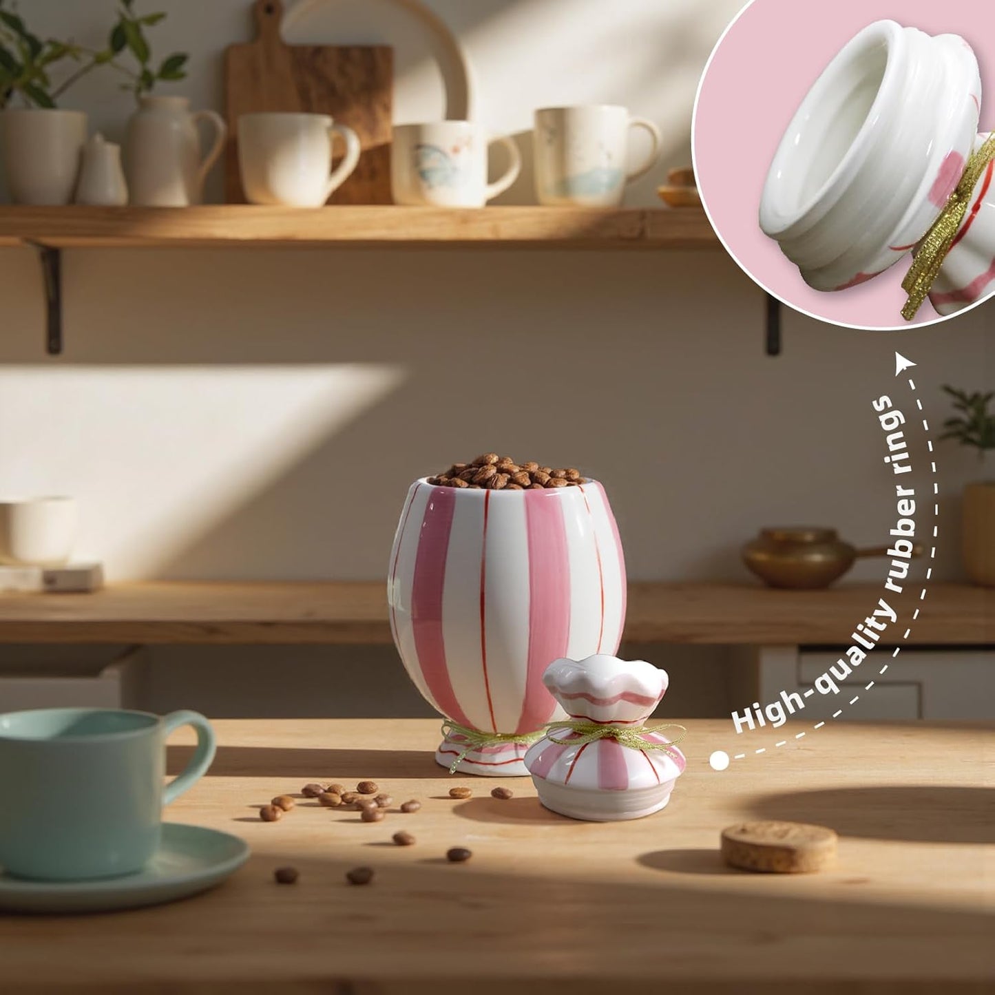 Cute Storage Jars with Airtight Lid, Funny Candy Shape Ceramic Food Container, Cookie Canister for Coffee Bean, Sugar, Tea, Spices, Cereal, Nuts, Dog Treat-700 ml / 23.7 oz(Pink Stripes)