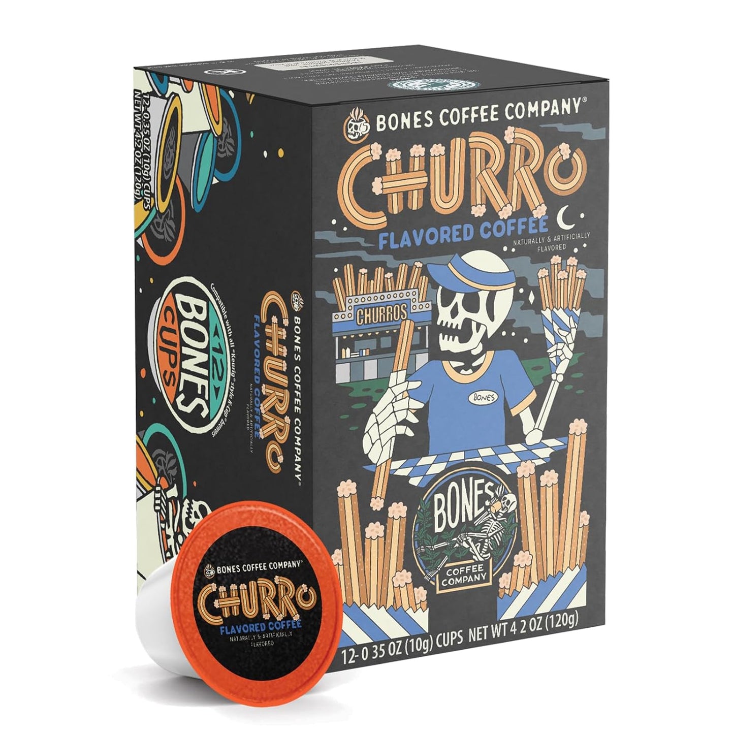 Bones Coffee Company Churro Flavored Coffee Pods, Low Acid Medium Roast Single-Serve Bones Cups, Compatible with 1.0 & 2.0 K-Cups Brewers Coffee Maker, 12 Count