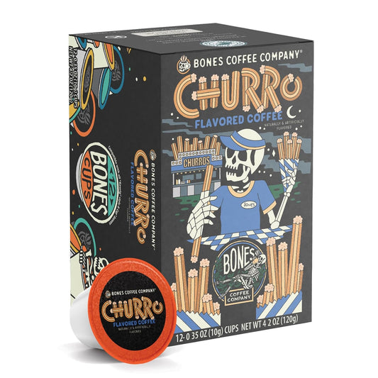 Bones Coffee Company Churro Flavored Coffee Pods, Low Acid Medium Roast Single-Serve Bones Cups, Compatible with 1.0 & 2.0 K-Cups Brewers Coffee Maker, 12 Count