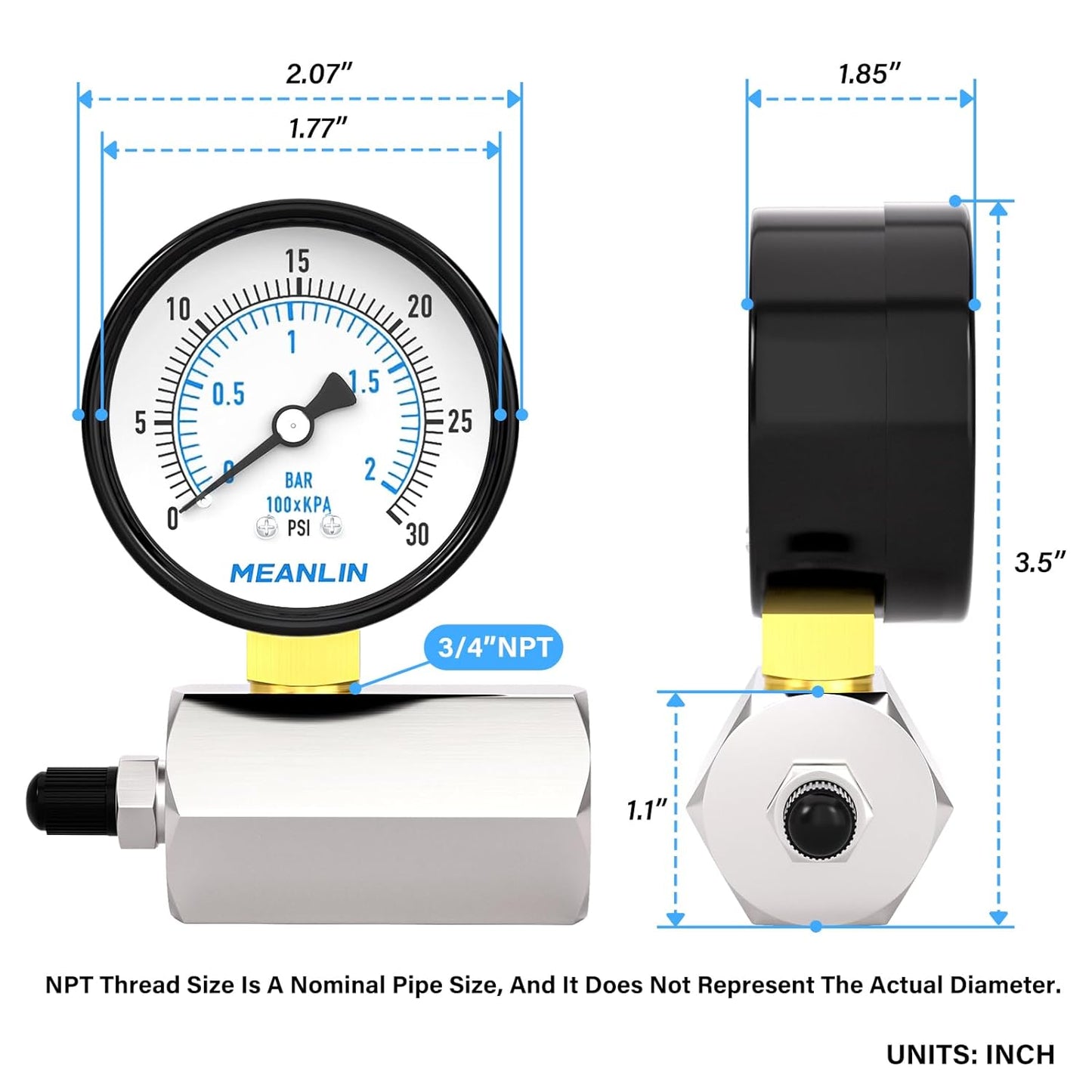 MEANLIN MEASURE 0-30Psi 2" Steel Double Graduated Air Test Pressure gauges, 3/4" FNPT Connection, -3-2-3% Accuracy
