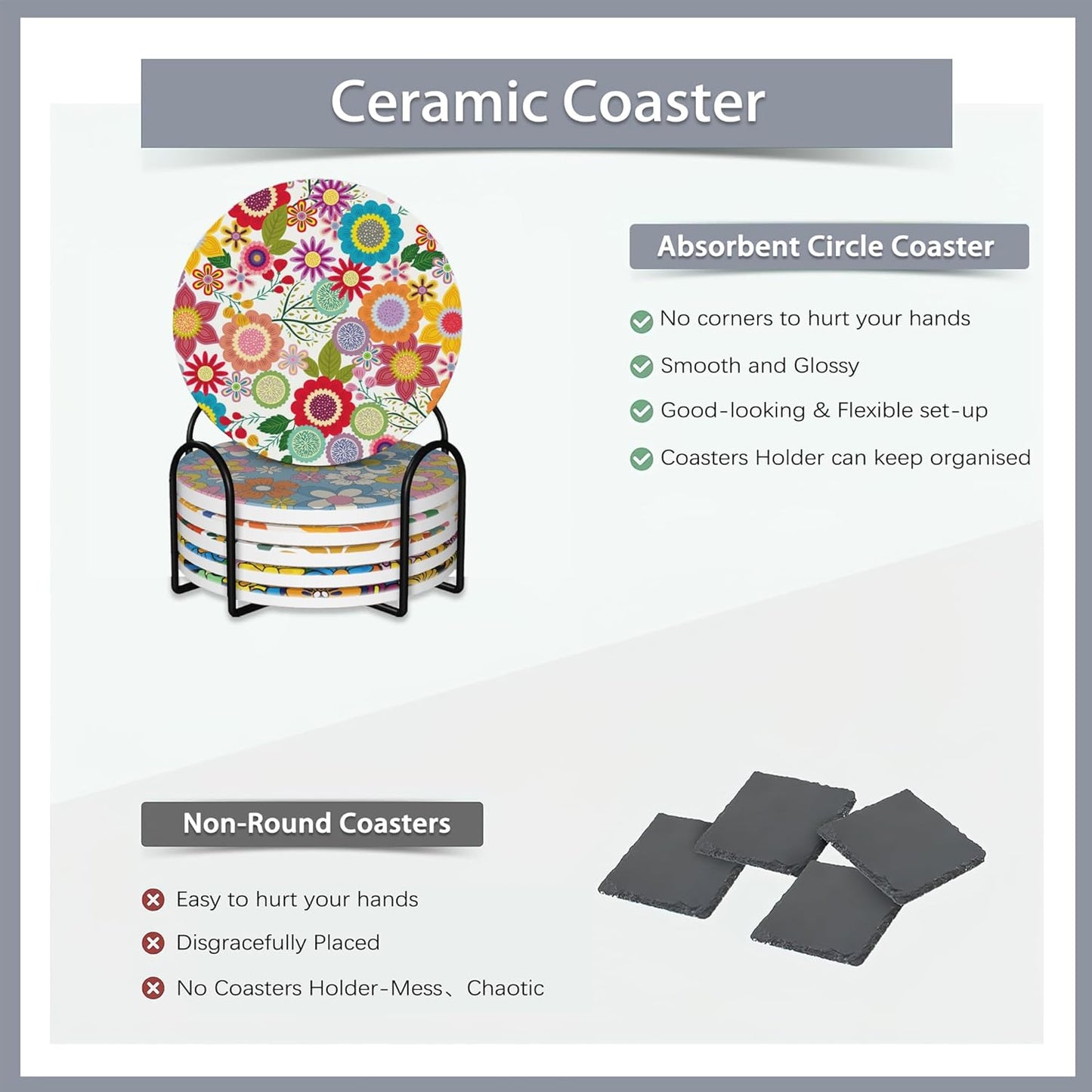 6 Pcs Coasters for Drinks with Holder,Retro Colorful Daisy Flowers 70s Hippie Floral Absorbent Coaster with Cork Backing,Great Gift for Housewarming,Room Decor,Bar,Holiday Party