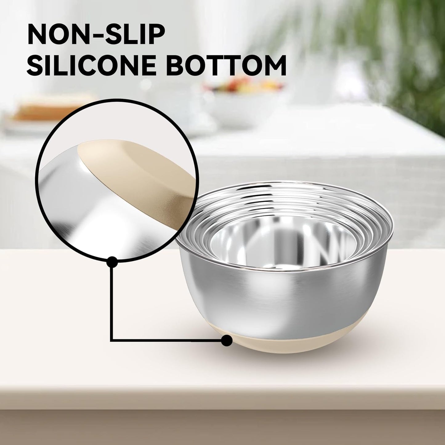 Stainless Steel Mixing Bowls with Lids – Set of 5 Large Nesting Metal Bowls for Kitchen, Baking, Cooking, Food Prep & Storage, Non-Slip Base, Dishwasher Safe,Khaki