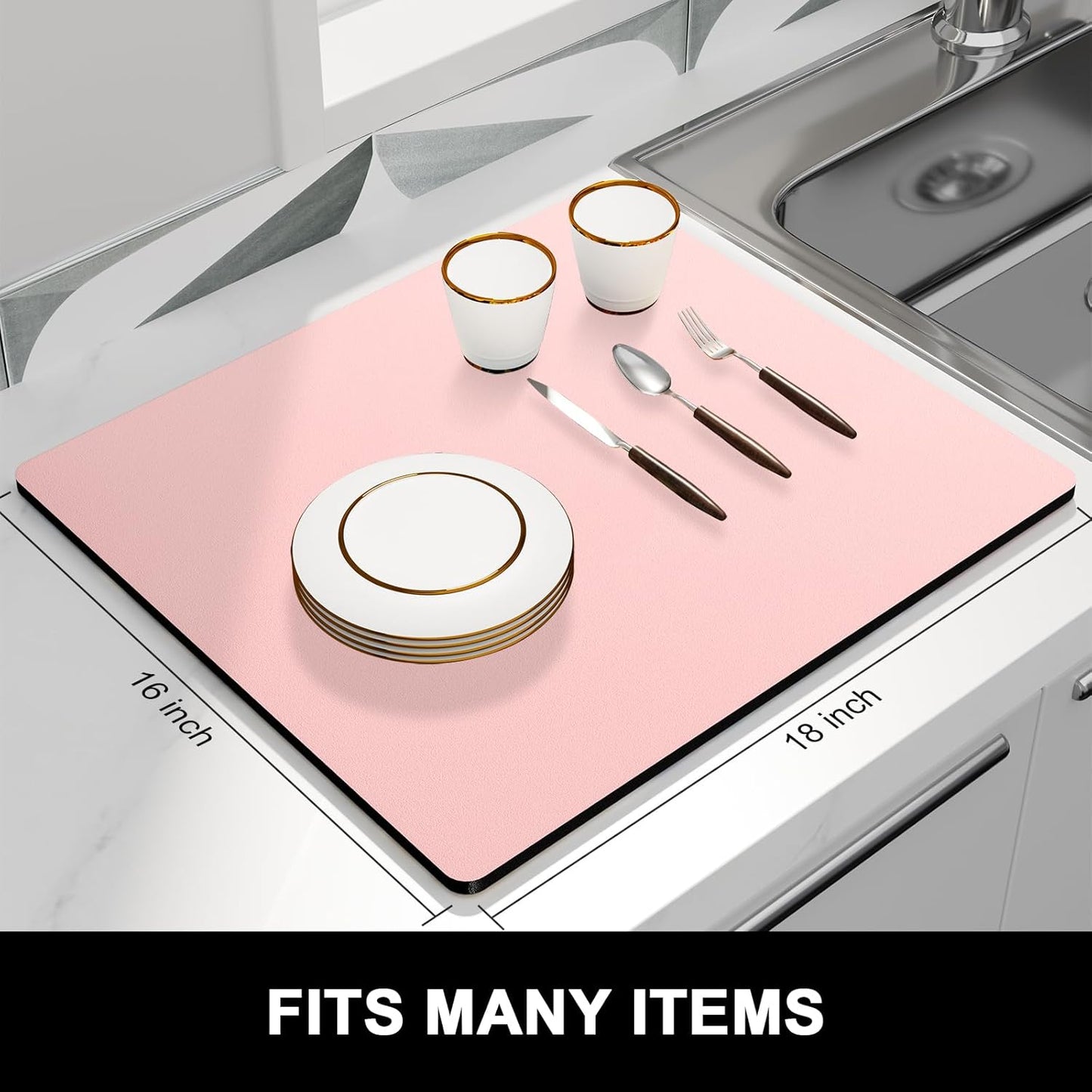 Rnivvi Dish Drying Mat for Kitchen Counter, 16 x 18" Cute Absorbent Heat Resistant Drying Pad with Non-slip Rubber, Coffee Bar Mats for Coffee Machine Dish Rack Kitchen Decor Accessories, Pink