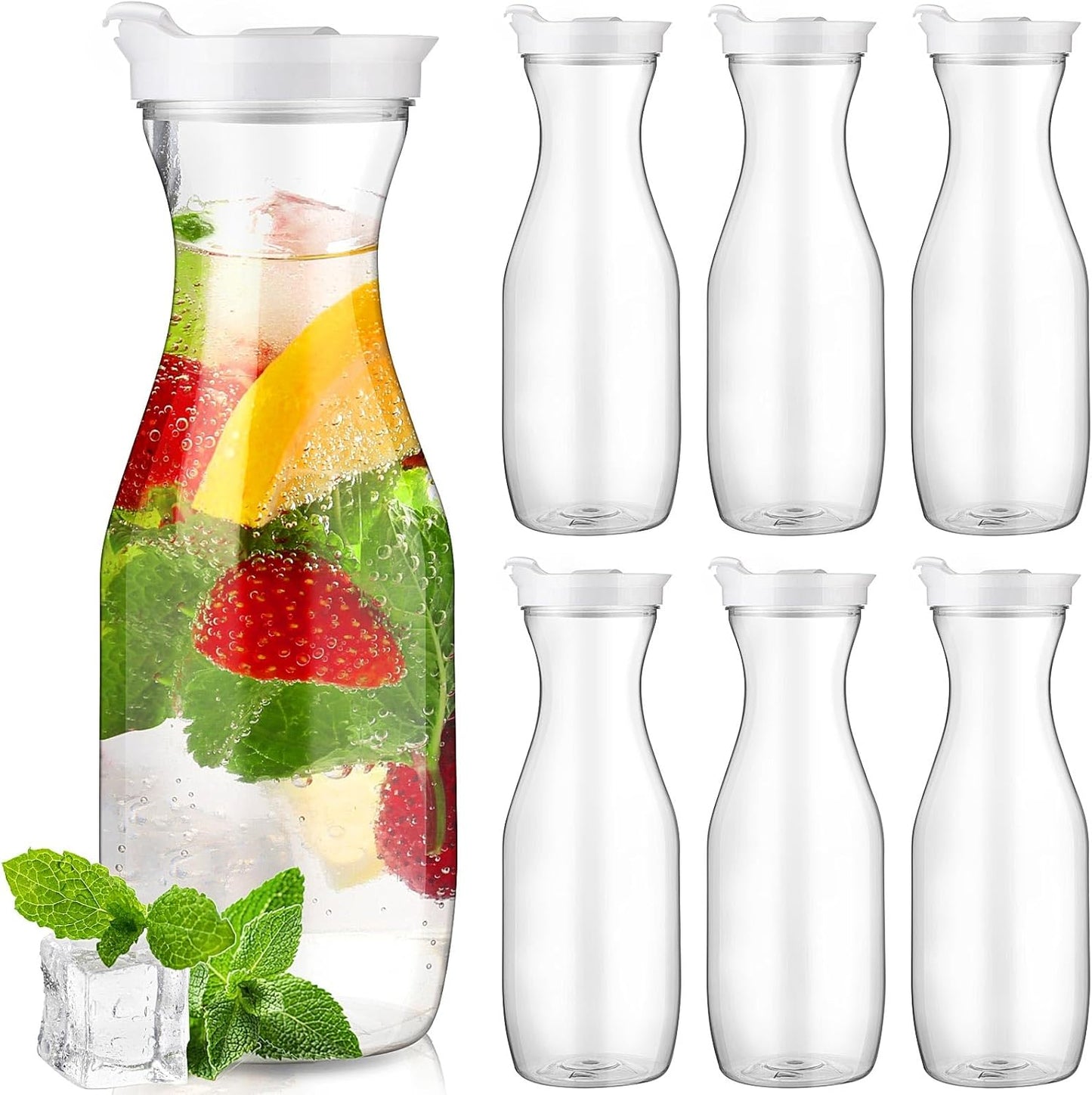 Gejoy 6 Pcs Plastic Water Carafe with Lids 32 oz Clear Juice Pitchers for Mimosa Bar Drinks Milk Iced Tea Beverage Containers for Home Restaurant School Fridge, Not Dishwasher Safe (White Cap)