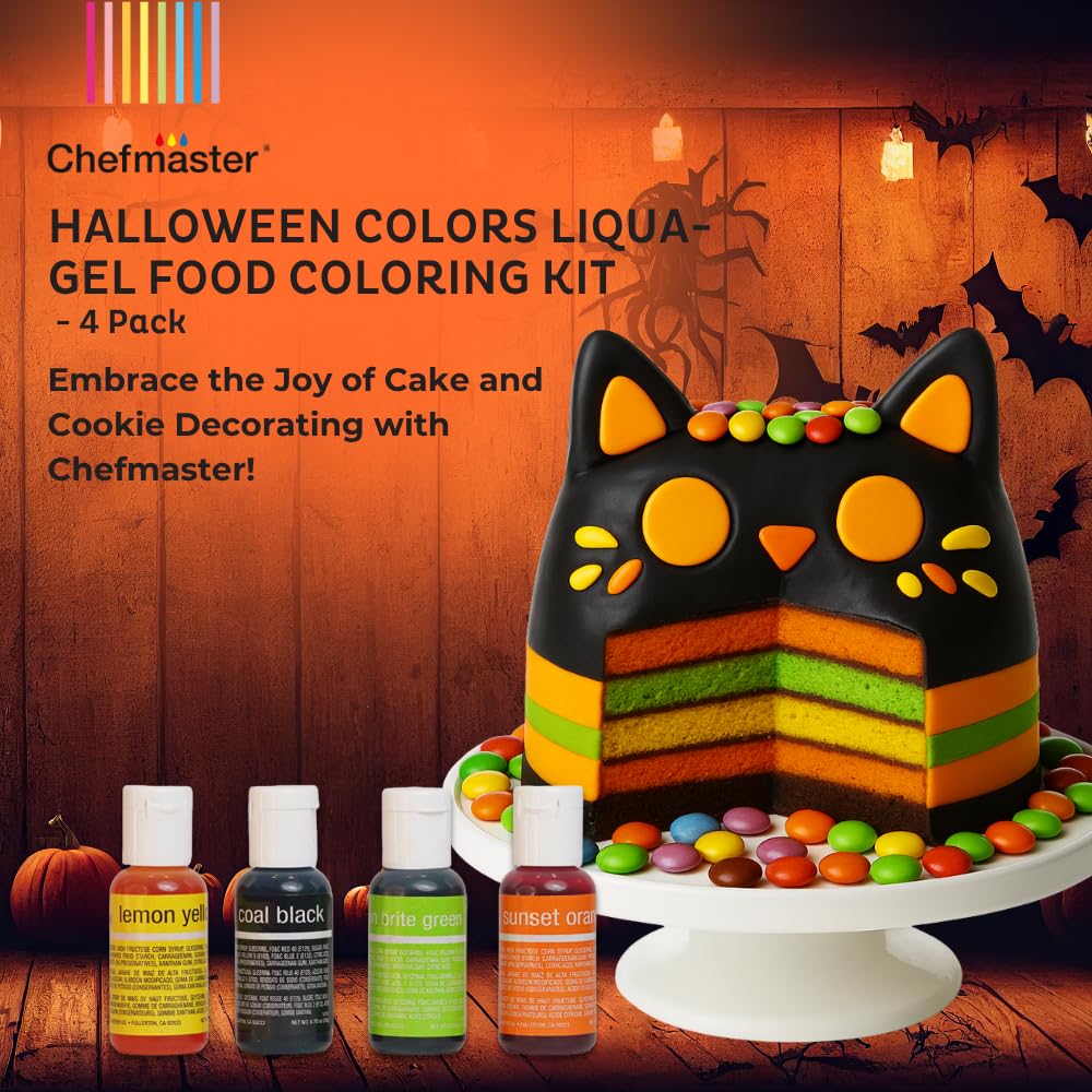 Chefmaster - Halloween Colors Liqua-Gel Food Coloring Kit - Water-Based Food Coloring Gel - 4 Pack - Highly Pigmented, Create Vividly Colored Desserts, Easy-To-Blend Formula - Made in the USA
