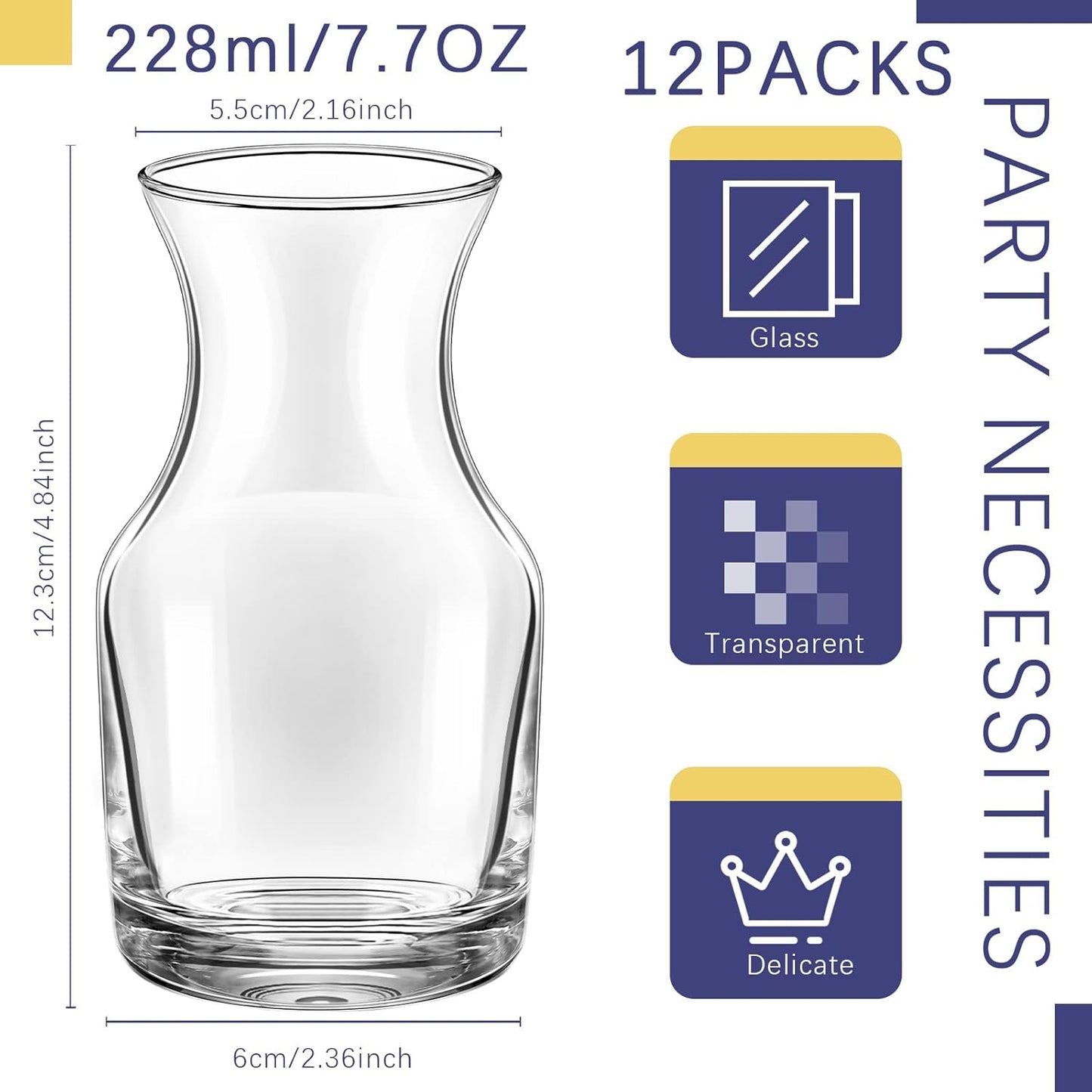 12 Pack Single Serving Wine Carafe Glass Small Mini Carafe Individual Wine Refill Decanter for Dinner Parties Tastings Bars Restaurants (7.7 oz)