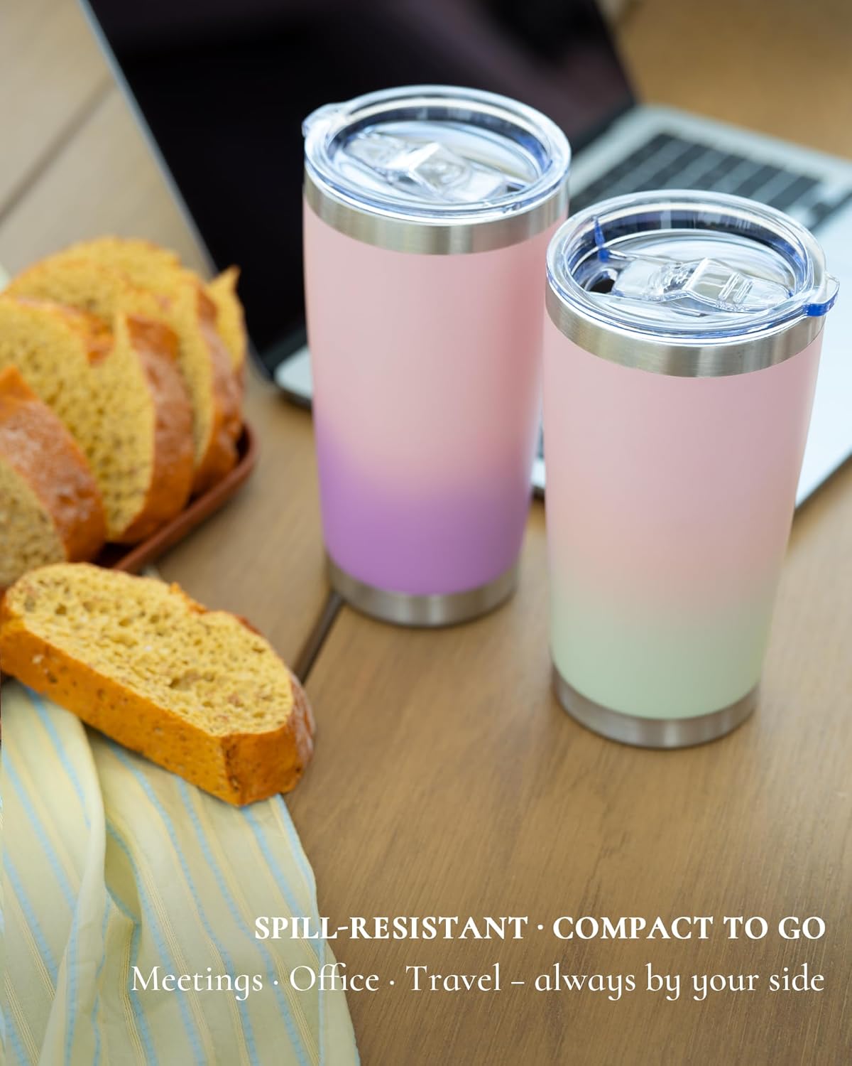 Travel Coffee Tumbler 20oz, 1 Pack Leakproof Travel Coffee Mug with Lid and Straw, Stainless Steel Double Wall Vacuum Insulated Tumbler for Hot/Iced Drinks (Textured Matte, Pink/Mint Green)