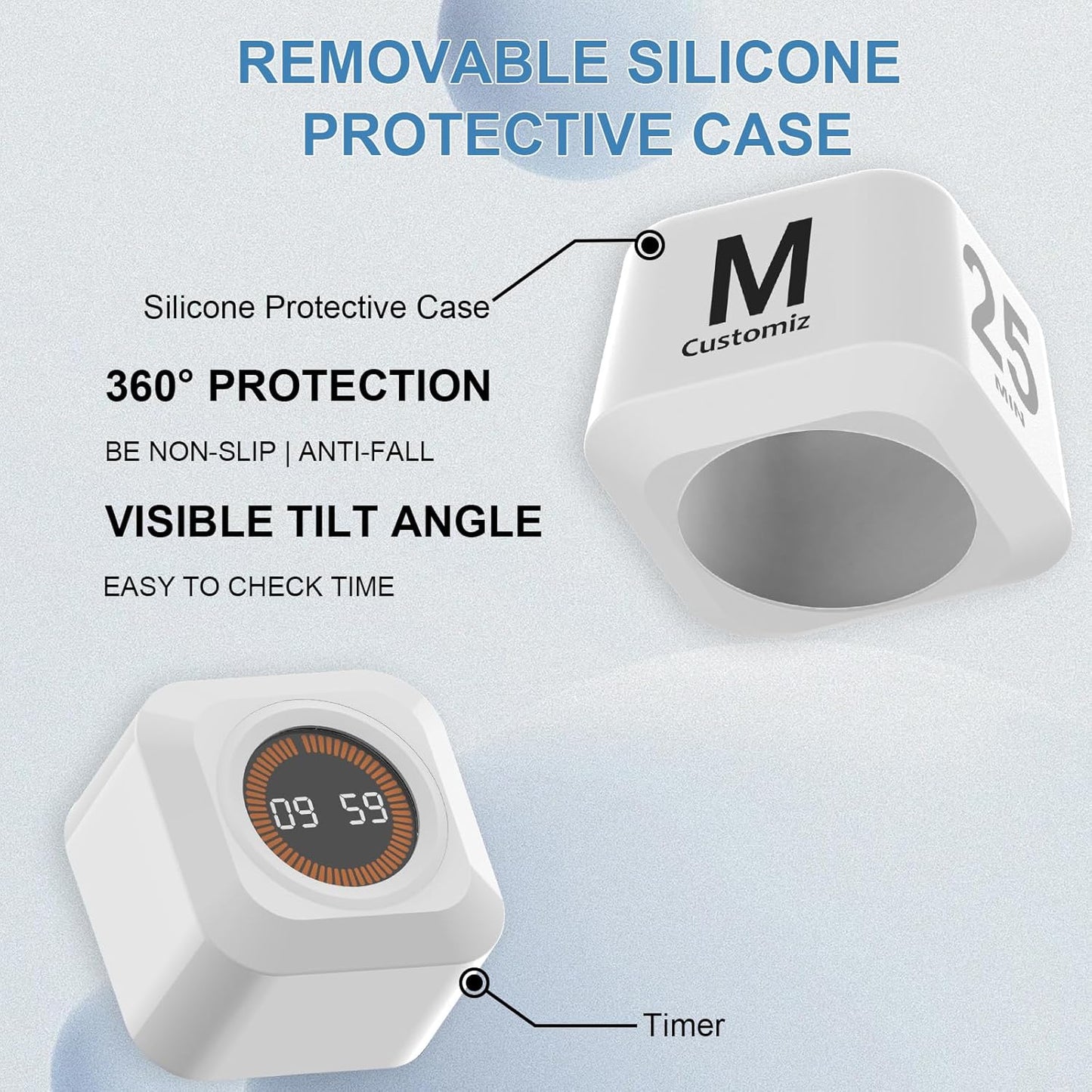 Rotating Cube Visual Timer 5, 25, 10, 50 Min Preset + Custom Countdown, Rechargeable Desk Productivity Flip Timer w/Silicone Case, Silent Mode, Ideal for ADHD Tool Study Work School (White)