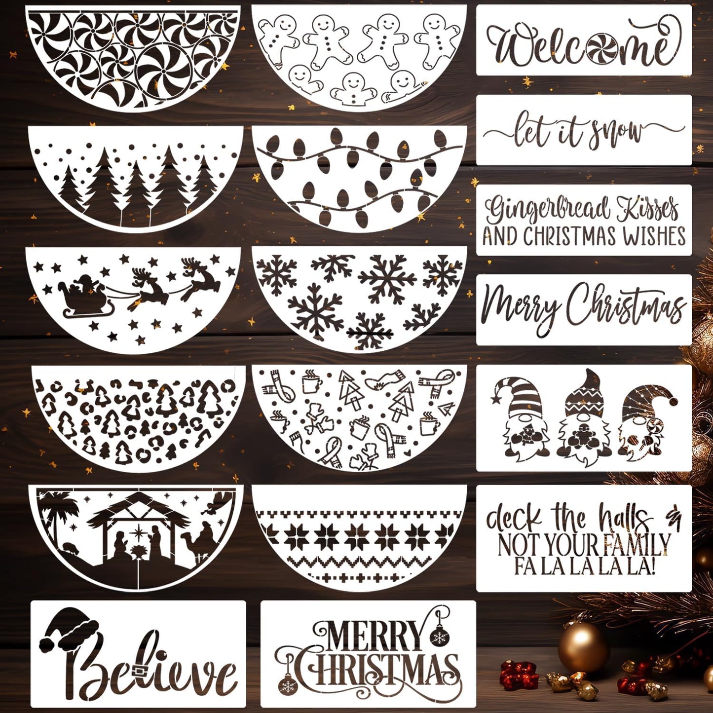 Christmas Stencils for Painting on Wood 12” Christmas Stencils for Crafts Reusable Holiday Doormat Stencil for Porch Hanger Fabrics Decor(Xmas Half RD Stencil 05/18P)