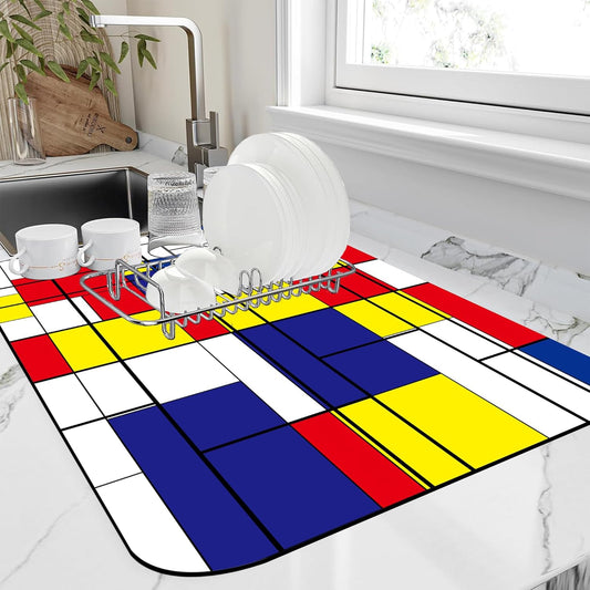 Dish Drying Mat Abstract Mosaic Geometric Color Coffee Mat,12"X19"Bsorbent Dish Drying Pad for Sink Dishes or Under Rack Kitchen Counter Accessories Absorbent Hide Backed Dish Drying Mat
