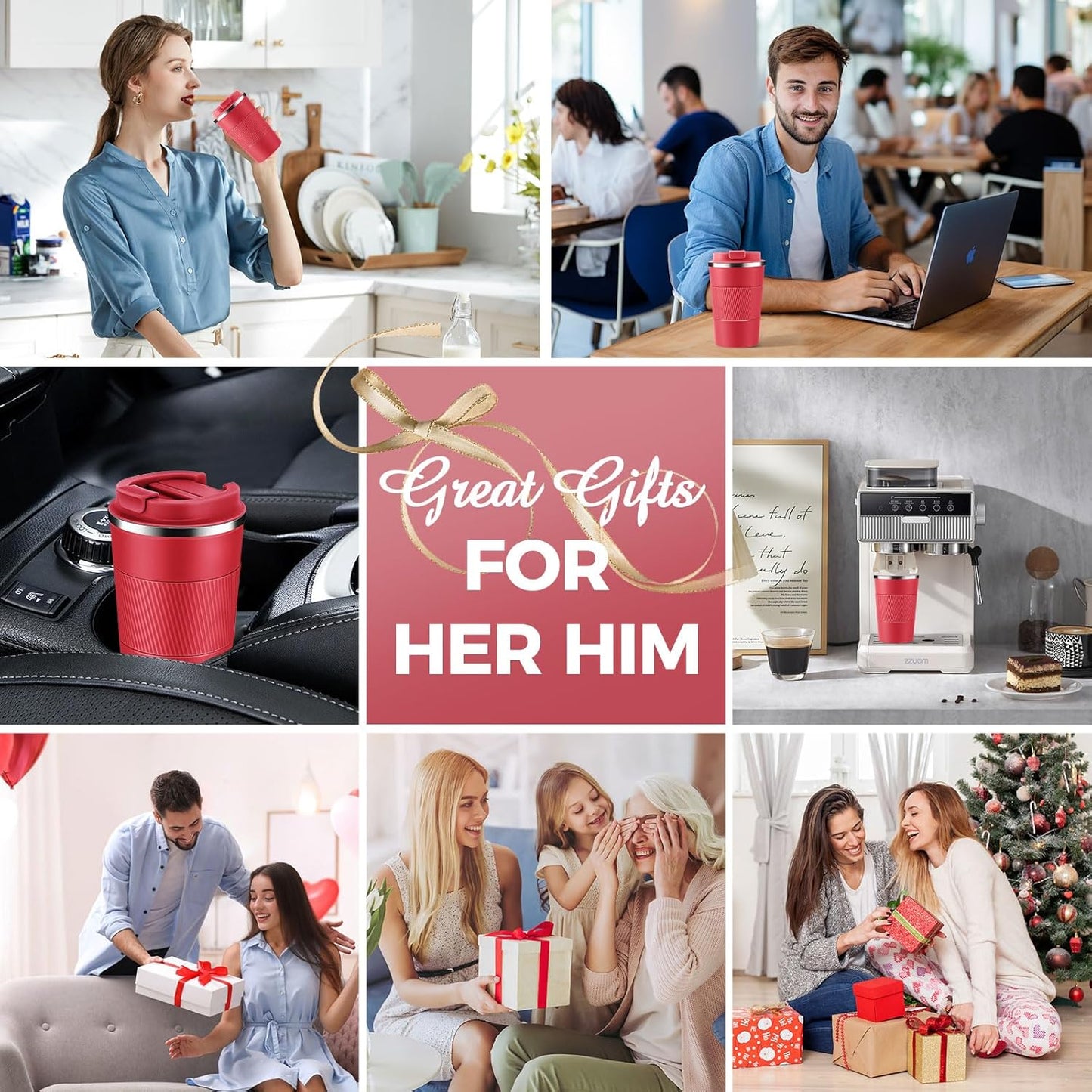 Volhoply 13 oz Stainless Steel Insulated Travel Coffee Mug with Fip Lid,Reusable Double Wall Vacuum Metal Coffee Cup,Portable to Go Leak Proof Cafe Thermal Tumbler for Hot & Cold Drinks(Red,1)