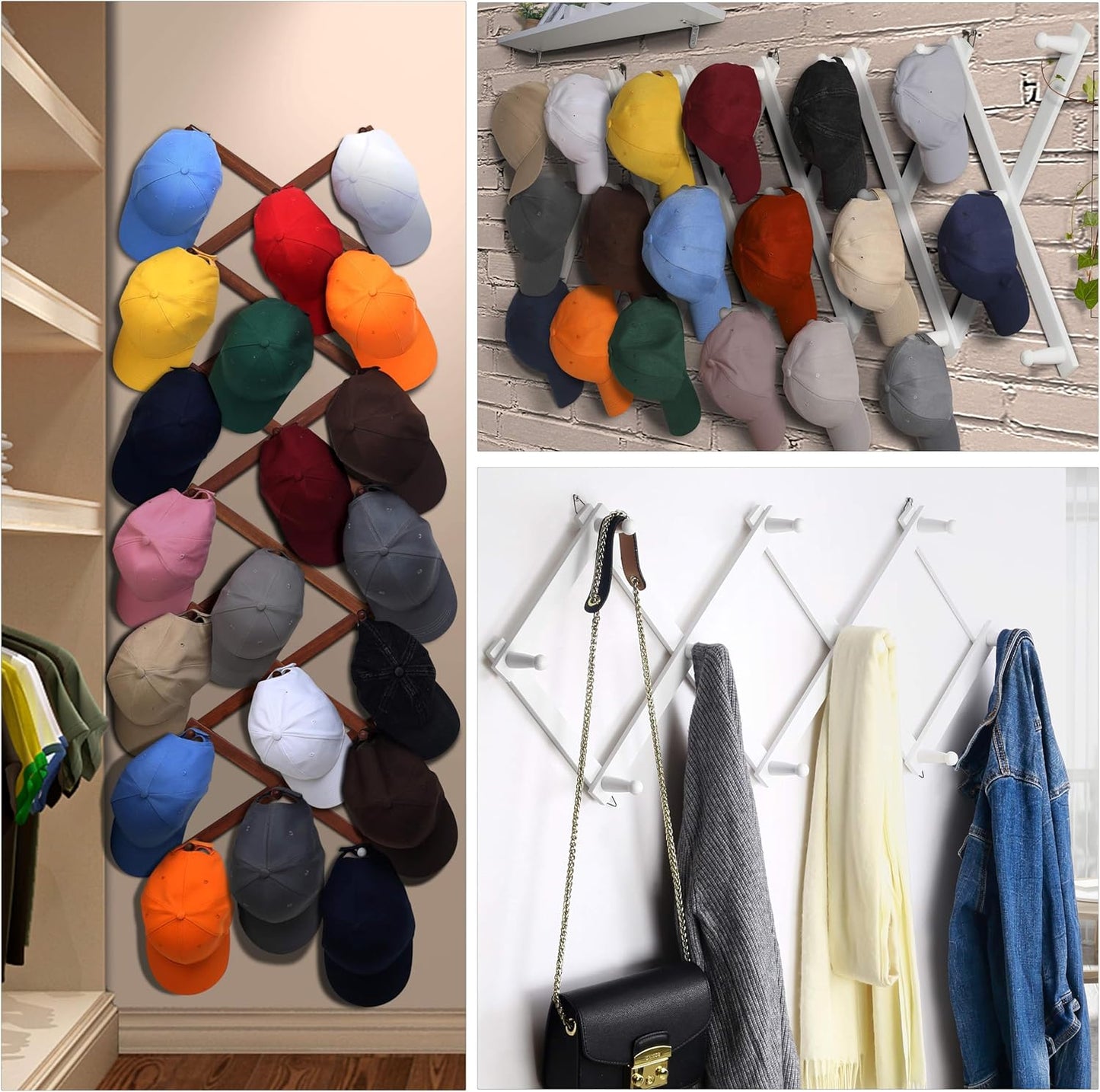 Dseap Accordian Wall Hanger: 16” High Wooden Wall Expandable Coat Rack, Hat Rack Holder, Accordion Hook for Baseball Caps, Coats, Mugs, 10 Peg Hooks, White & Black