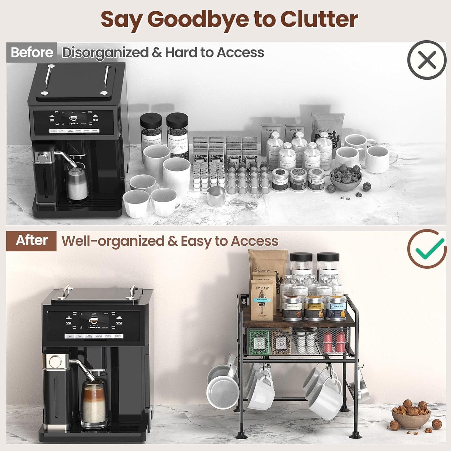 Coffee Bar Organizer Countertop, 2 Tier Mug Cup Holder Stand with 10 Hooks, 60 K Cup Coffee Pod Drawer with Mug Rack, Multifunctional Shelf Organizer for Kitchen, Vintage Brown