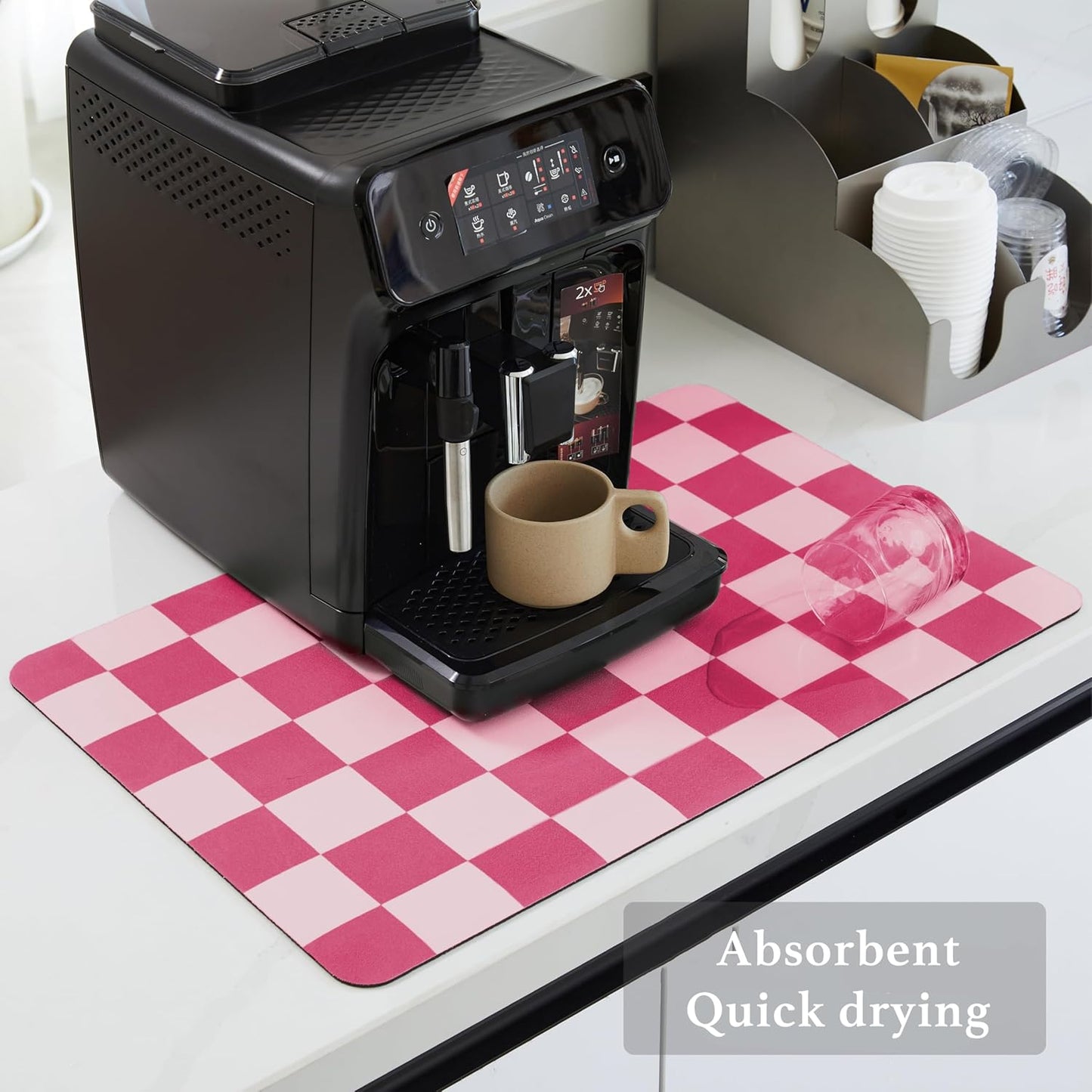 Checkered Dish Drying Mat for Kitchen Counter, Coffee Bar Station Accessories, Retro Cute Aesthetic Modern Absorbent Drainer Mat Kitchen Drying Mat Easy Clean, Hot Pink 12" x 19"
