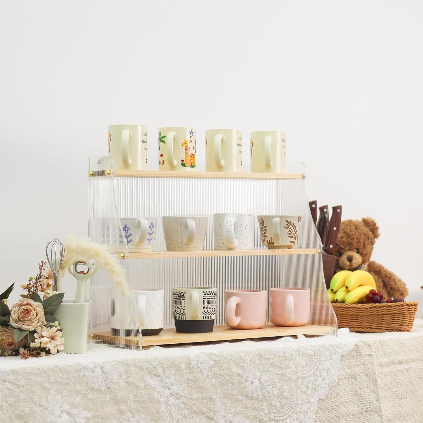 Coffee Mug Holder Wooden Cup Station Organizer 3 Tier Cup Holder for Coffee Bar Mug Display Rack for Countertop Mug Holder Shelf for Home Kitchen Trapezium-Pinewood