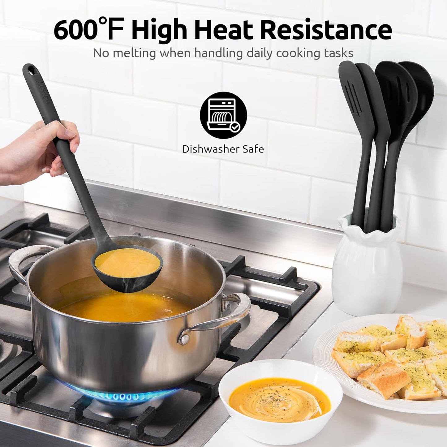 Silicone Kitchen Cooking Utensil Set: U-Taste High Heat Resistant 13.6in Long Kitchen Gadgets, BPA Free Non Stick Rubber Cook Accessories For Stir Frying, Serving, Basting, Mixing (5 Pieces, Black)