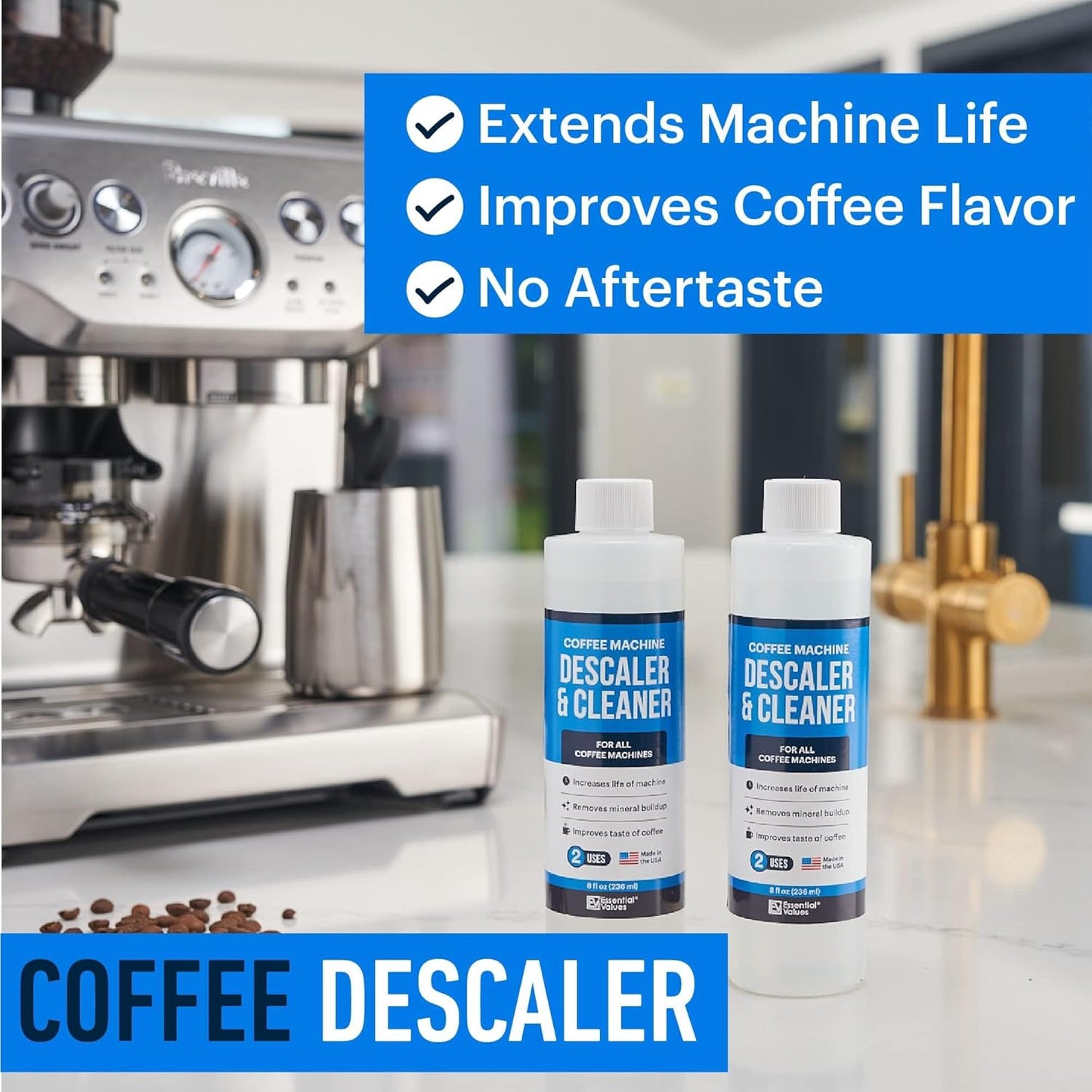 Essential Values Descaling Solution for Delonghi Keurig Breville Nespresso (4 Uses) - Coffee Machine Descaler Cleaner - Liquid To Descale Automatic Coffee Makers & Espresso Machines