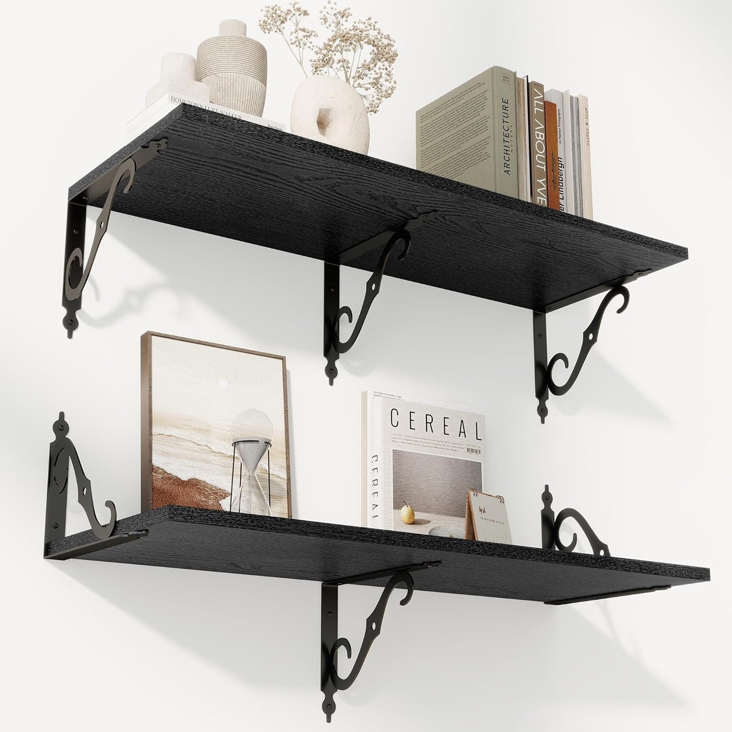 RICHFOCUS 12 Inch Deep Floating Shelves for Wall, 31.5" W x 12" D Black Wood Wall Shelves Set of 2, Wide Floating Shelves for Living Room, Bedroom, Kitchen, Bathroom and Decor Storage, Black