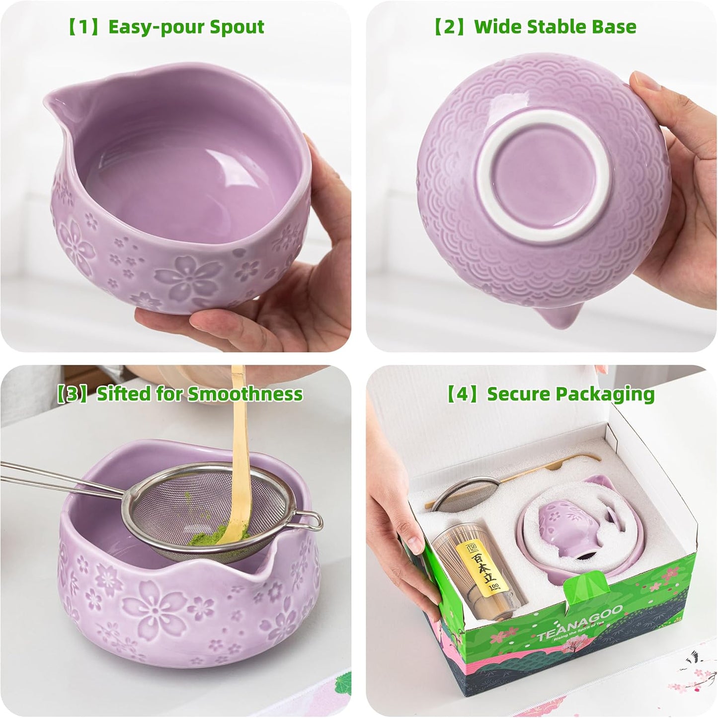TEANAGOO 7-PCS Purple Matcha Whisk Set with Cherry Blossom Design, Complete Ceremony Kit, Ceramic Chawan Bowl with Spout, Whisk & Accessories, Traditional Matcha Tea Set for Lattes& Gift Giving