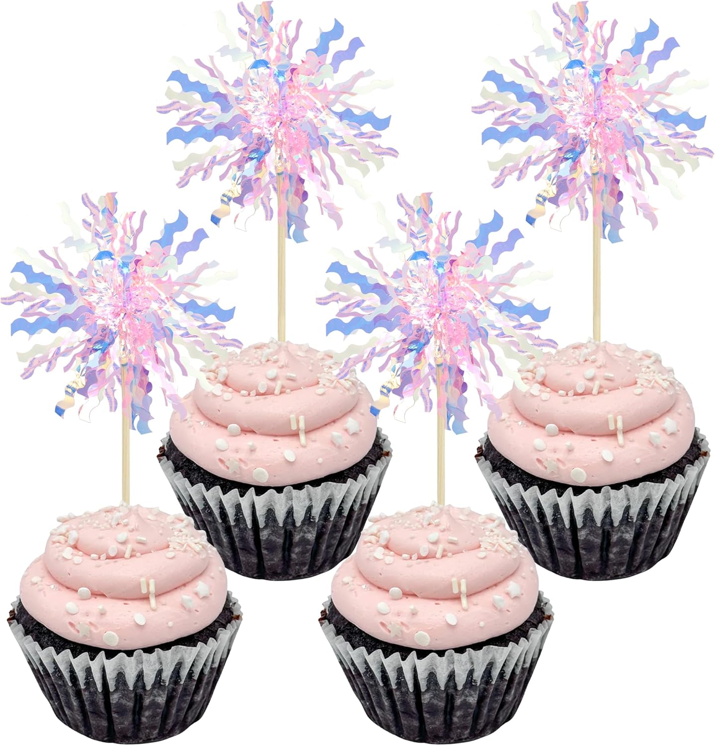 Gyufise 30Pcs Foil Firework Cupcake Toppers Sparkle Tinsel Cake Toppers Tinsel Drink Cake Decoration Cocktail Picks for Birthday Wedding Graduation Party Supplies Pink