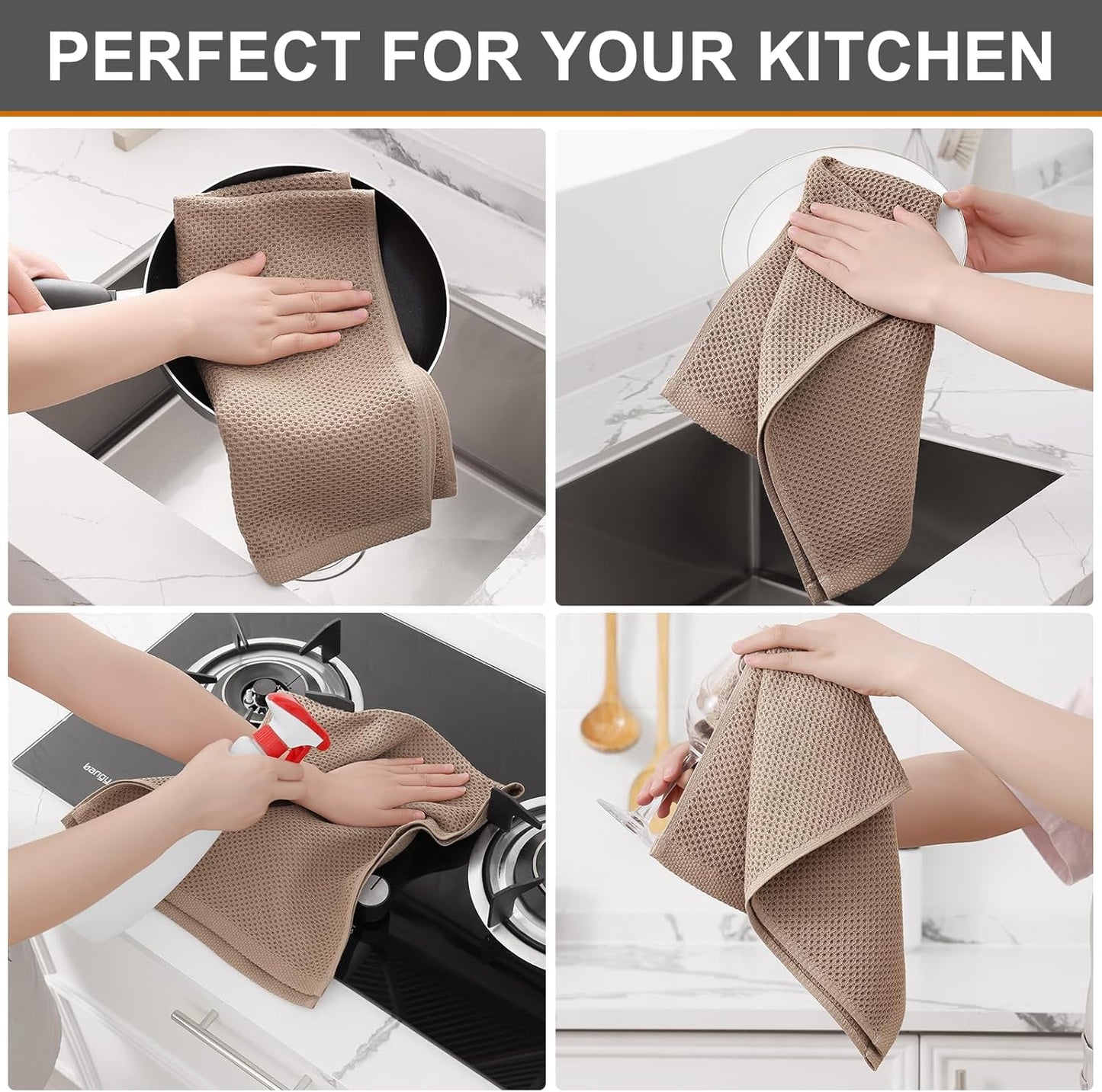 Kitinjoy 100% Cotton Waffle Weave Kitchen Towels, 6-Pack Super Soft and Absorbent Dish Towels for Drying Dishes, Kitchen Hand Towels, 13 in x 28 in, Tan