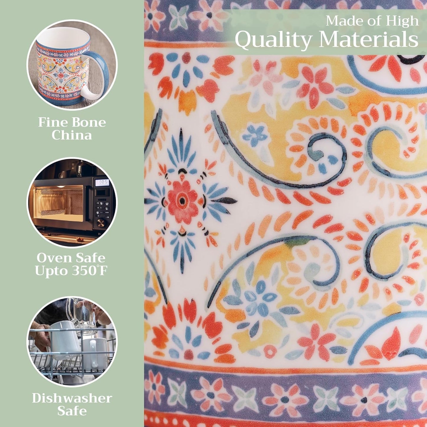 Maison d' Hermine Coffee Mug with Handles Fine Bone China Mugs Pack of Two Tea Cups for Hot Beverages Cappuccino Latte Home Restaurant Office Perfect for Gift (Indian Floral, 12 Ounce)