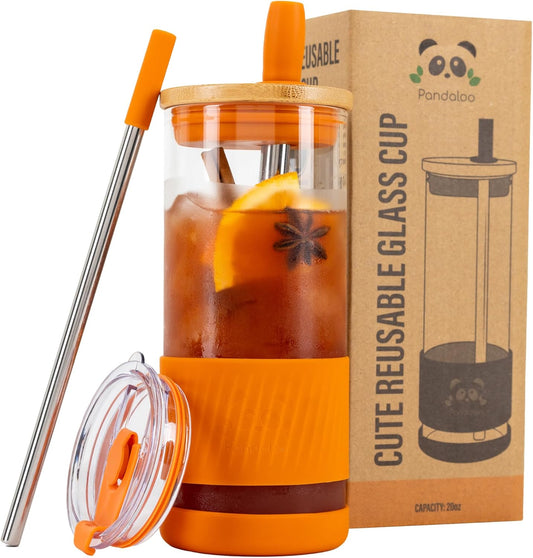 Pandaloo® Glass Cups With Lids and Straws -20 Fl Oz- Perfect Size Iced Coffee Cup - Smoothie Cup With Bamboo Lid and On the go Lid - Glass Tumbler With Straw (1 Count (Pack of 1), Autumn Gold)