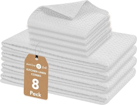 Native Fab Dish Towels & Dishcloths 8 Piece Set - 100% Cotton, Soft, Absorbent, Quick Drying Towel for Cleaning, Cooking, Baking - Machine Washable, Ideal for Home, Kitchen & Everyday Use - White