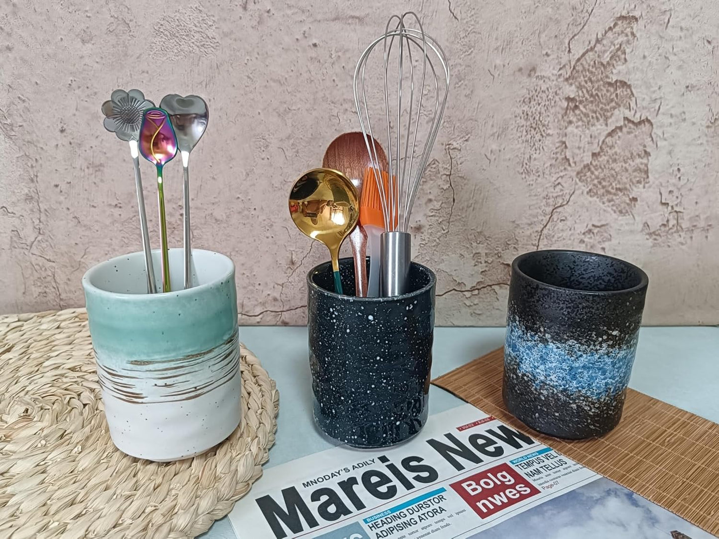Stoneware Coffee Bar Utensil Holder Tea & Coffee Spoon & Stirrer Holder for Stir Stick Straw Teaspoon Holder Spoon Cup Small Utensil Jar (Starry night)