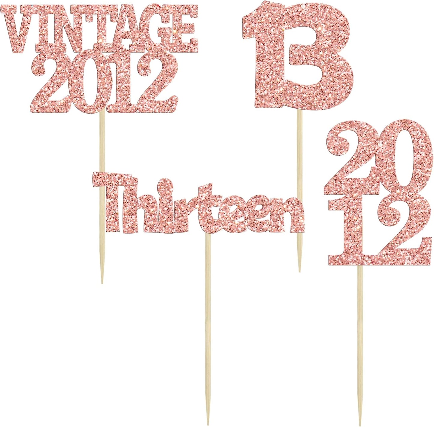 Gyufise 24Pcs 13th Birthday Cupcake Toppers Glitter Thirteen Vintage 2012 Hello 13 Years Birthday Cupcake Picks Official Teenager 13 Cake Decor for Happy 13th Anniversary Party Rose Gold