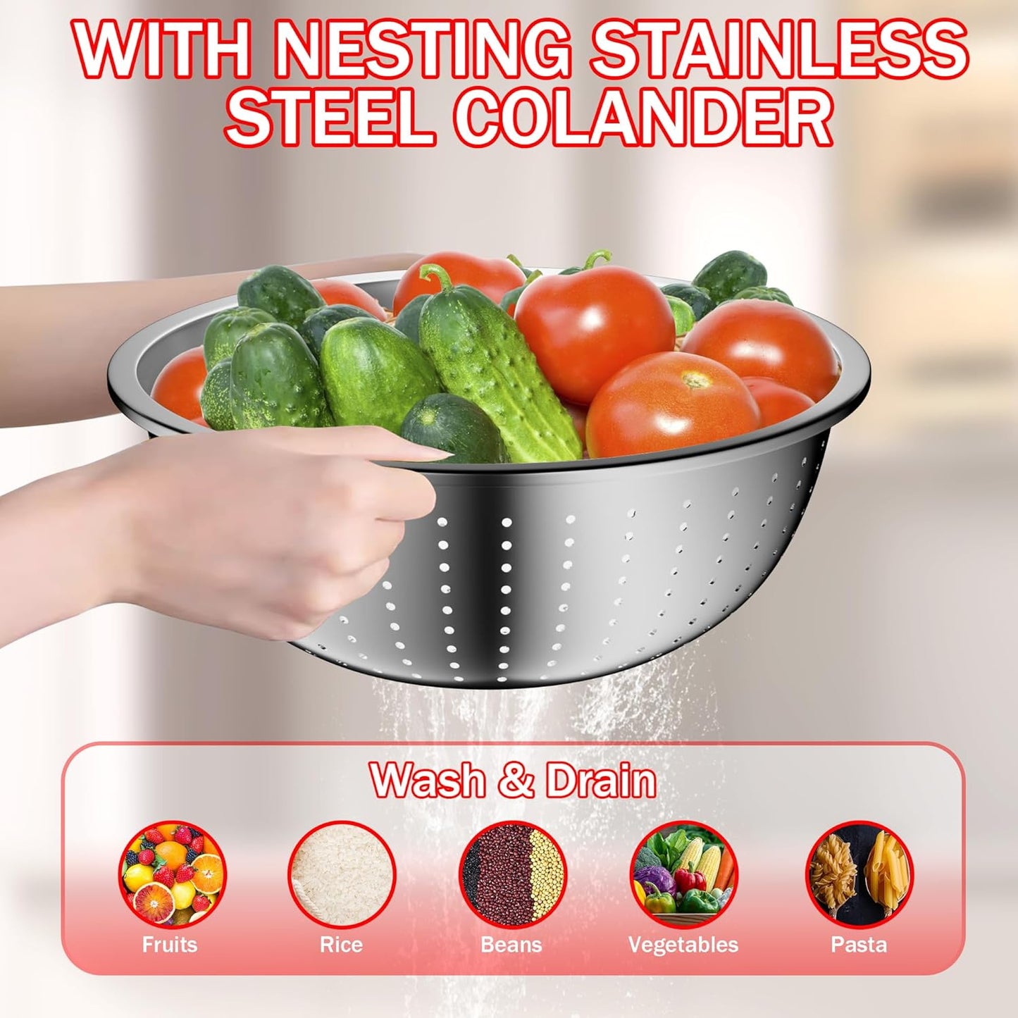 Mixing Bowls with Strainer, Mixing Bowl with Lids Set, Stainless Steel Mixing Bowls, Kitchen Gadgets 2025 Salad Bowls with Strainer for Mixing & Preping & Baking, Multicolor