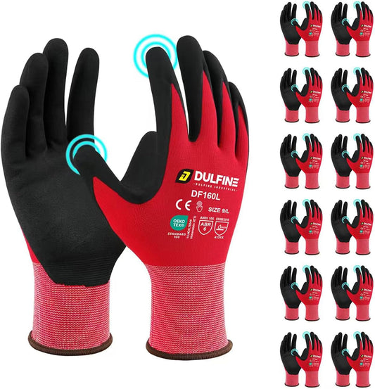 Safety Work Gloves MicroFoam Nitrile Coated-12 Pairs Pack,Red Seamless Knit Nylon Glove with Black Micro-Foam Nitrile Grip,Ideal for General Purpose,Automotive,Home Improvement,Painting(Extra Large)
