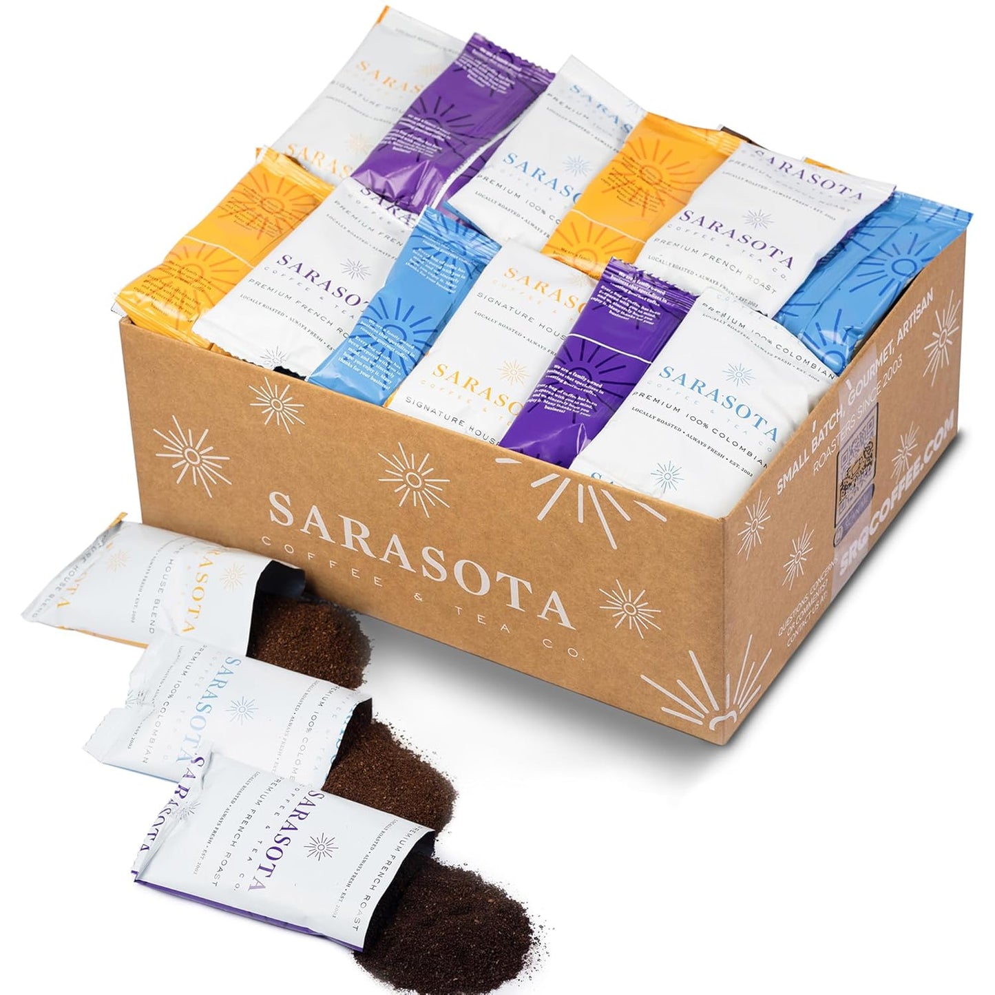 Sarasota Coffee Ground Packets | Gift Set Assorted Variety Sampler Packs | Medium, Colombian, & Dark Roast | Gourmet Low Acid Mold Free Individual Pouches for 12 Cup Coffee Maker | 2 Oz Bags, 36 Count