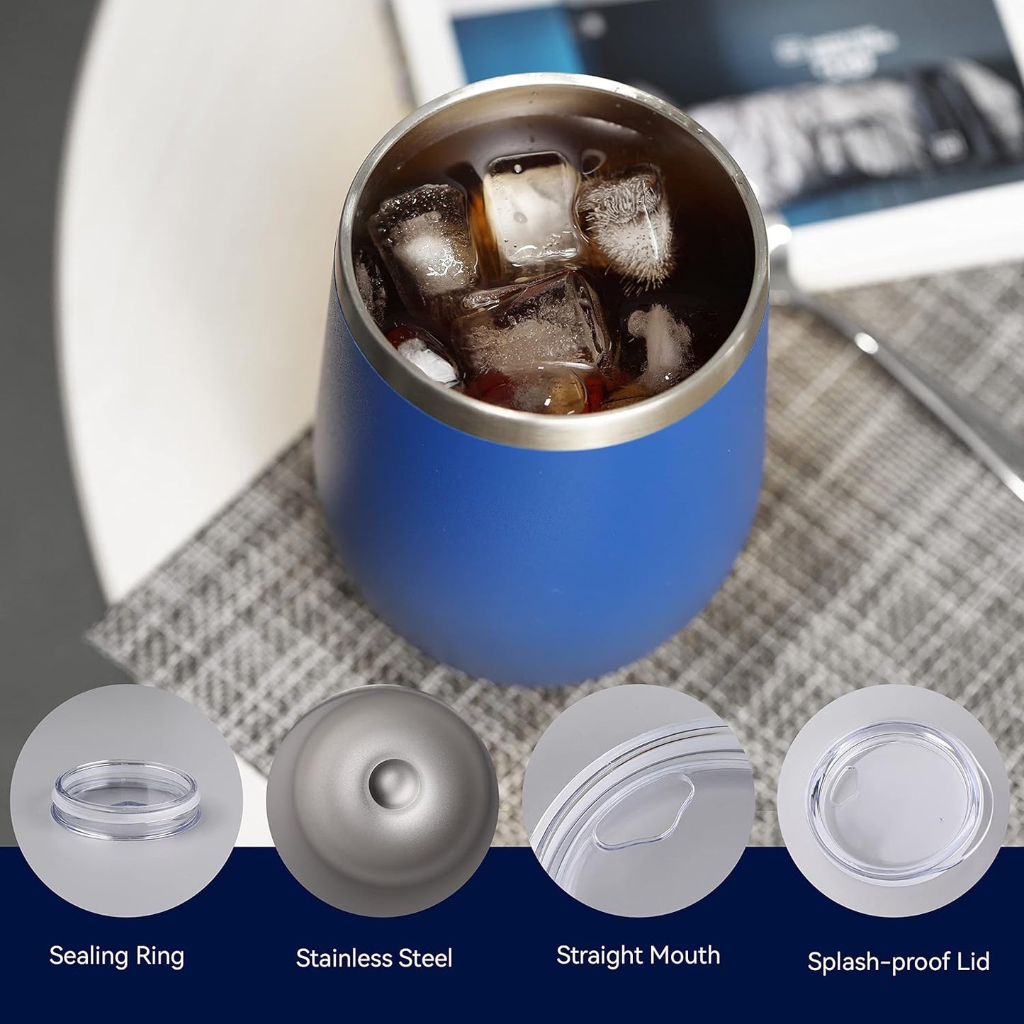 DOMICARE Stainless Steel Wine Tumbler Bulk with Lid, Personalized Insulated Tumblers Set, 12oz Travel Coffee Cups Pack of 12, Dark Blue